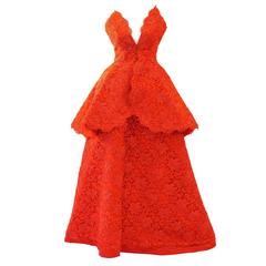 1995 Nina Ricci Couture Red Corded Lace Evening Gown