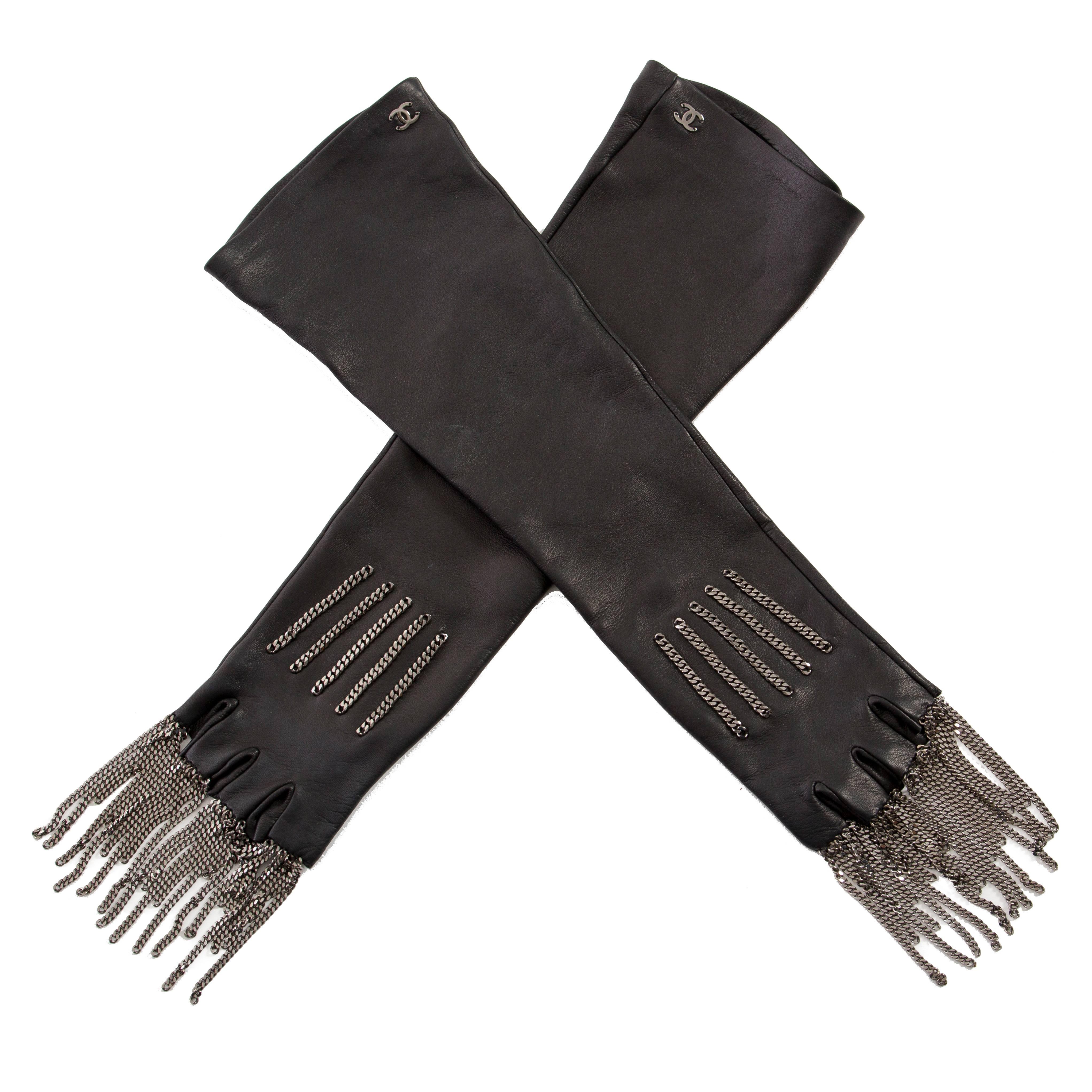Chanel Black Lambskin Fingerless Gloves With Gunmetal Fringe Chain, Fall 2008 