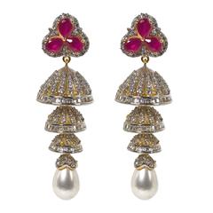 Pair Jewels of India Maharani Faux DIamond RubyTemple Drop Earrings