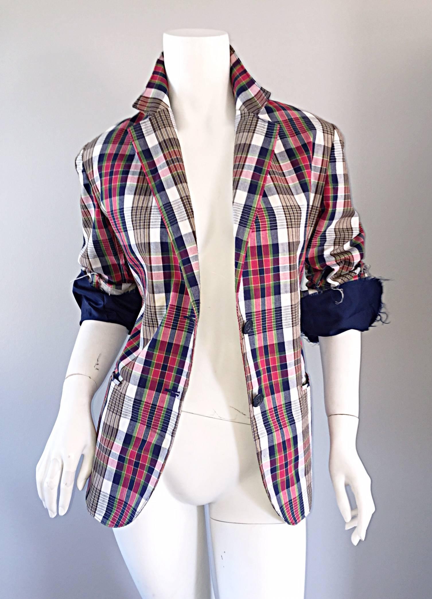 Incredible, and IMPOSSIBLE TO FIND Libertine One Of A Kind blazer!!! Up-cycled vintage tartan plaid blazer, with signature Libertine twists. Retailed for over $2,800! Features hand-painted skull on the back, with re-structured hems (with unfinished