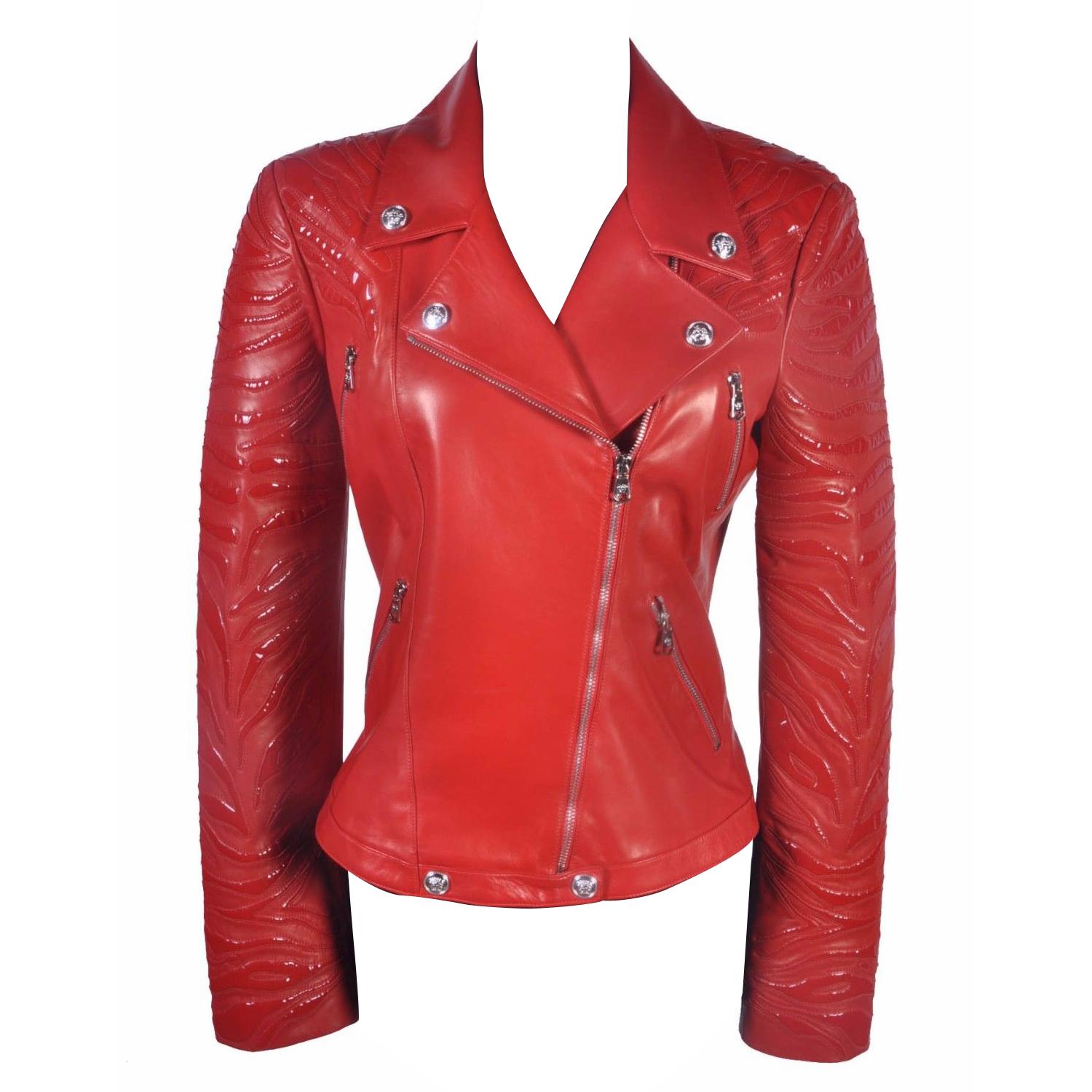 New VERSACE Red Leather Moto Jacket With Vinyl Animal Stripes For Sale