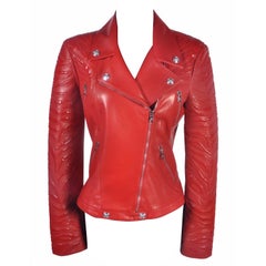 Versace - Veste de moto en cuir rouge avec bandes d'animaux en vinyle, état neuf