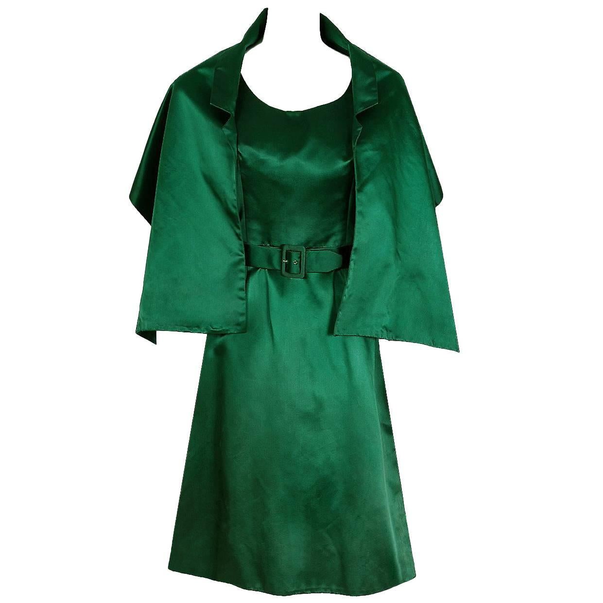 1960 Christian Dior Paris Demi-Couture Emerald Green Satin Party Dress & Shawl