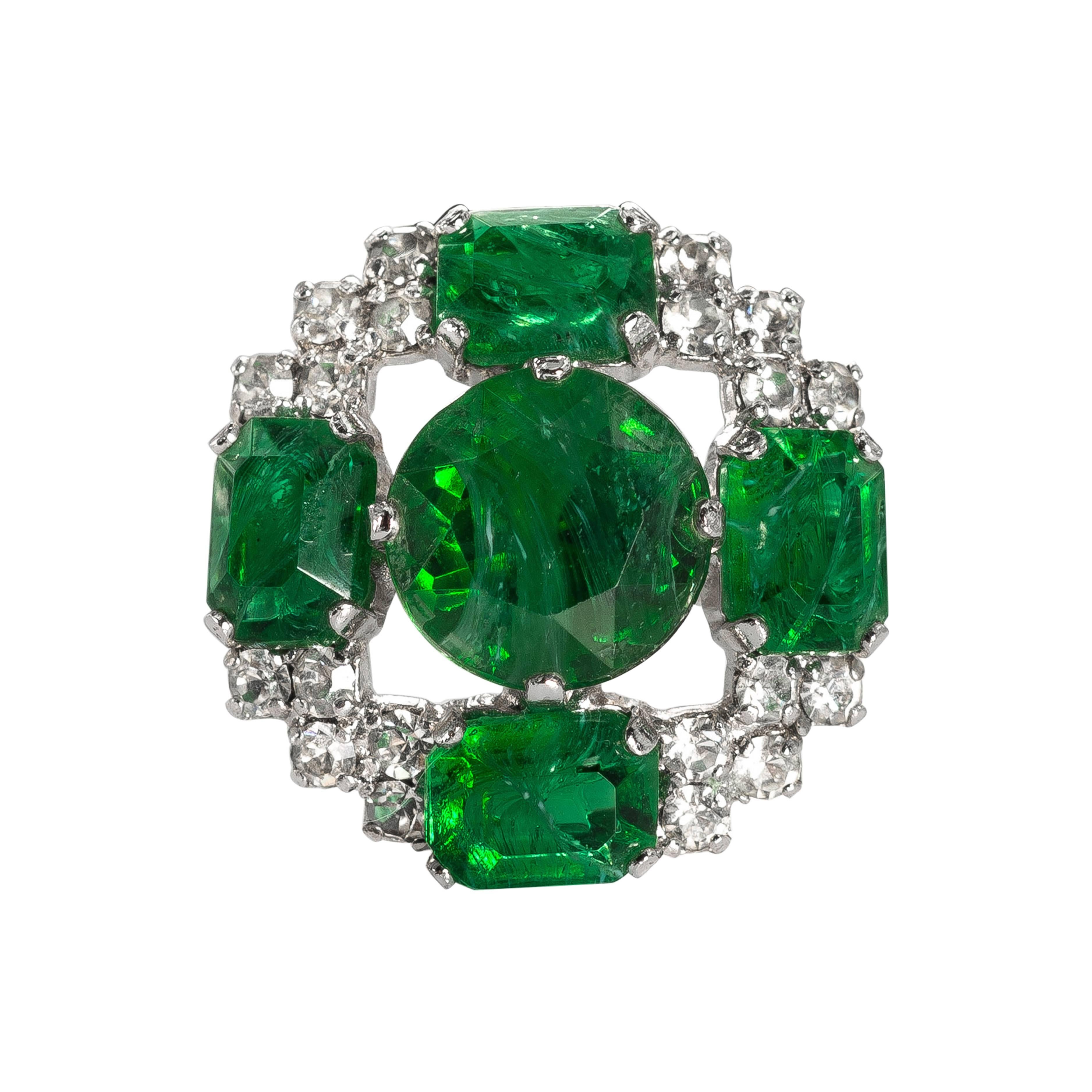 Signed Vintage 1960s Christian Dior Faux Emerald Diamond Ring