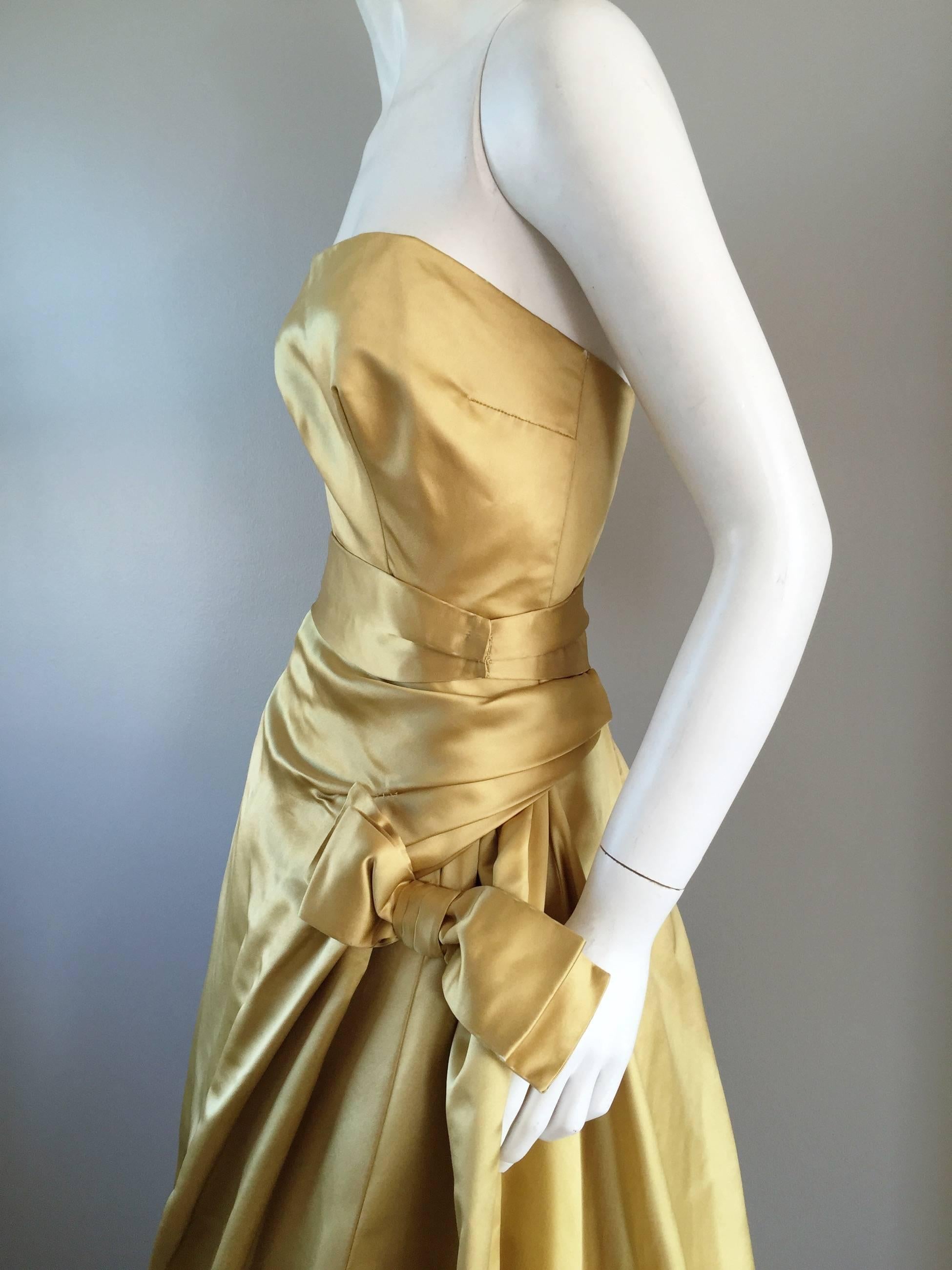 Exceptional 1950s Harvey Berin for I. Magnin Gold Vintage 50s Satin Gown / Dress 2