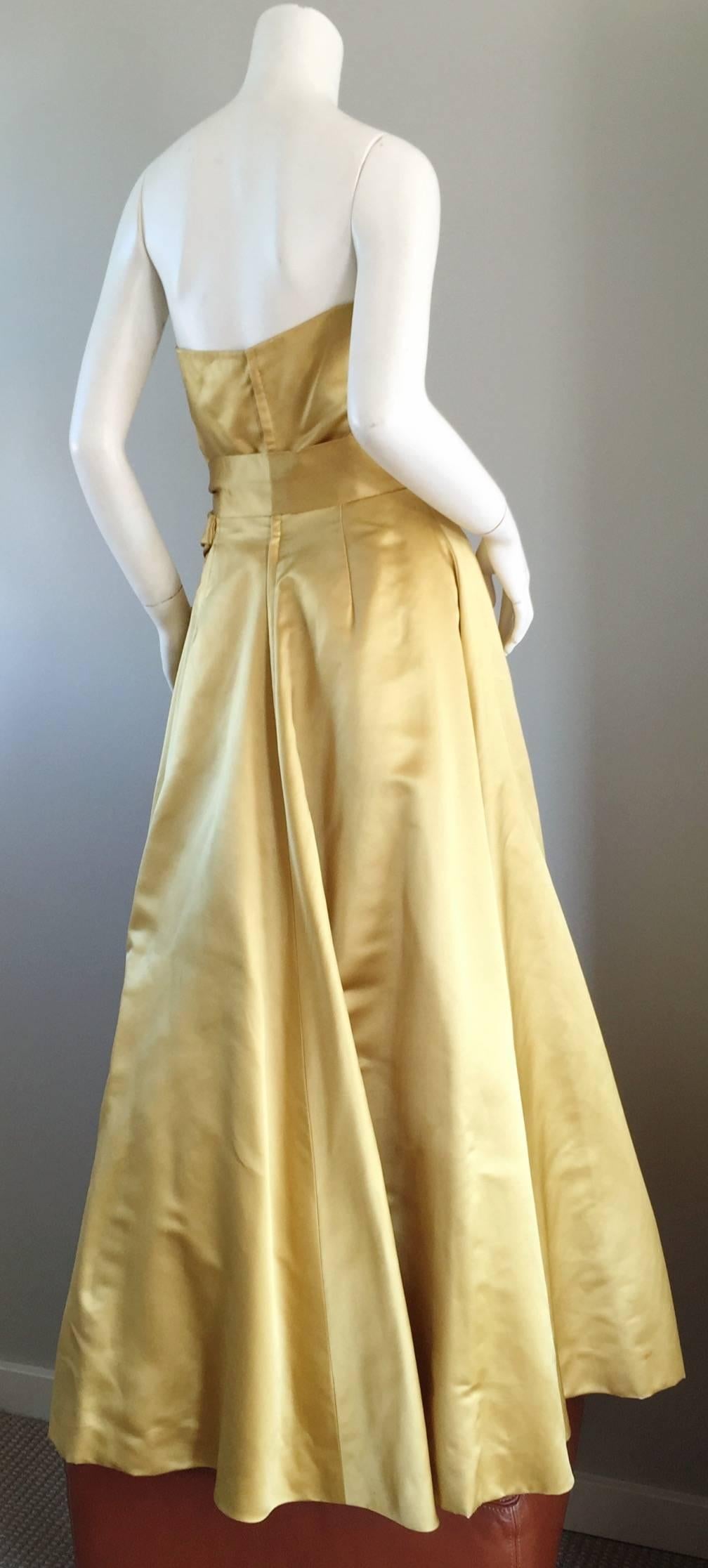 Women's Exceptional 1950s Harvey Berin for I. Magnin Gold Vintage 50s Satin Gown / Dress