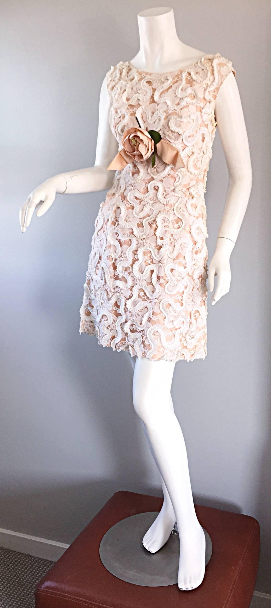 Chic 1960s 60s Pink + Ivory Lace A - Line Dress, w/ Flower Corsage  2