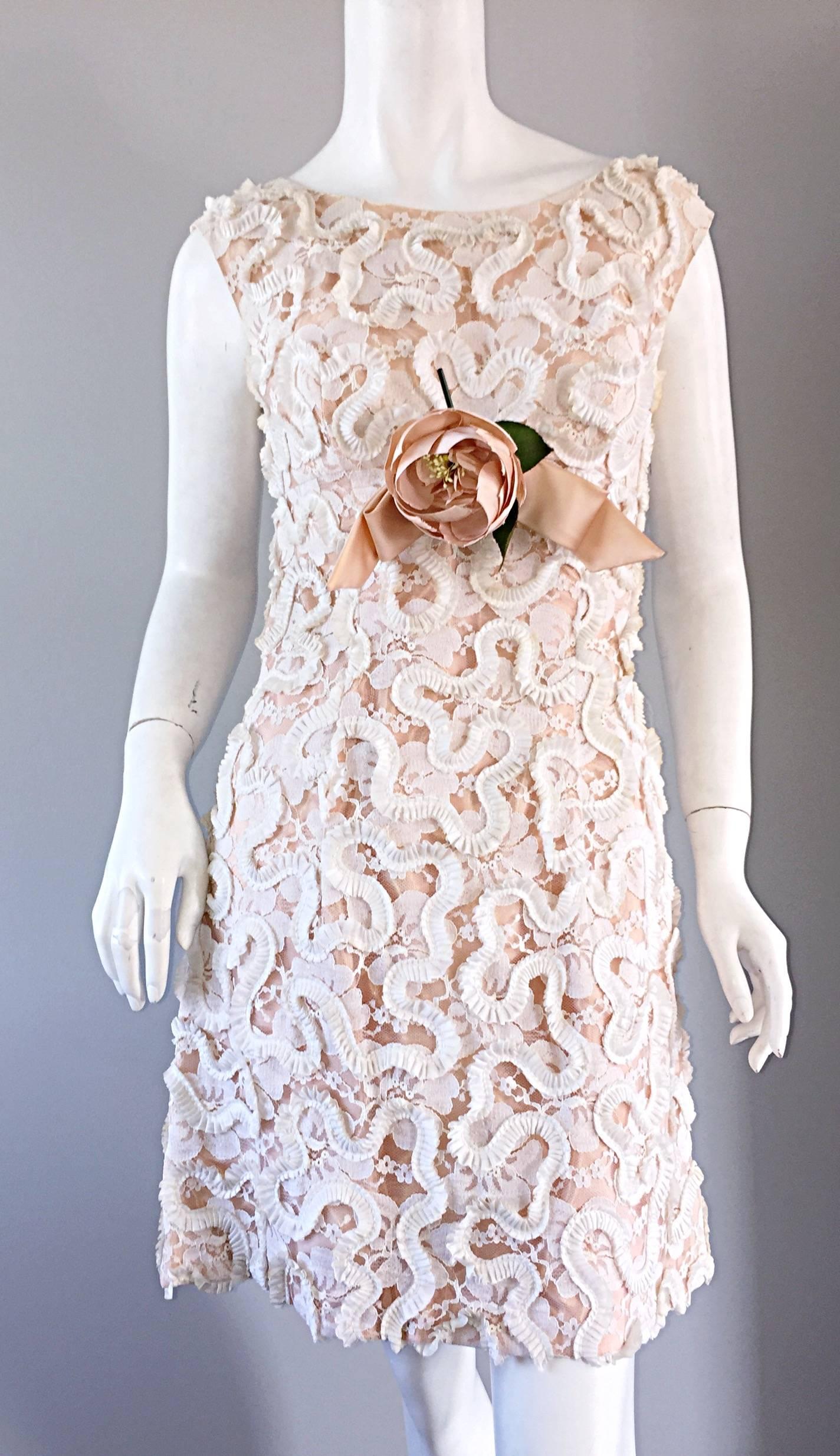 Chic 1960s 60s Pink + Ivory Lace A - Line Dress, w/ Flower Corsage  4