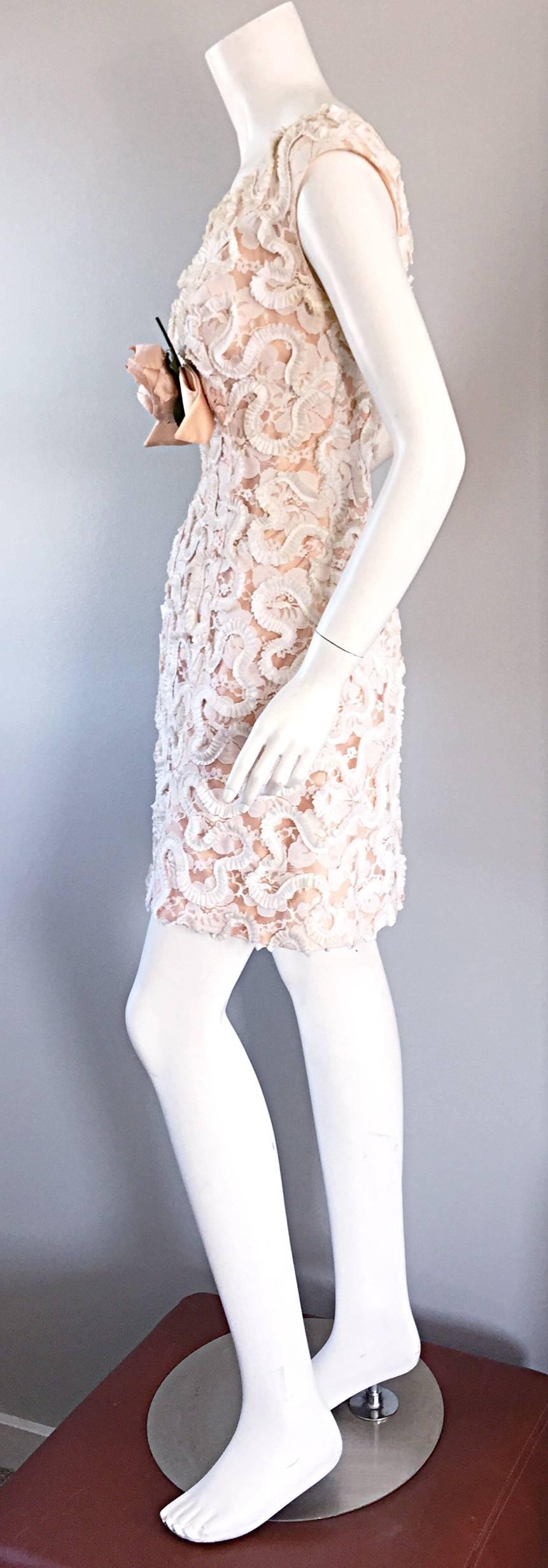 Chic 1960s 60s Pink + Ivory Lace A - Line Dress, w/ Flower Corsage  In Excellent Condition In San Diego, CA
