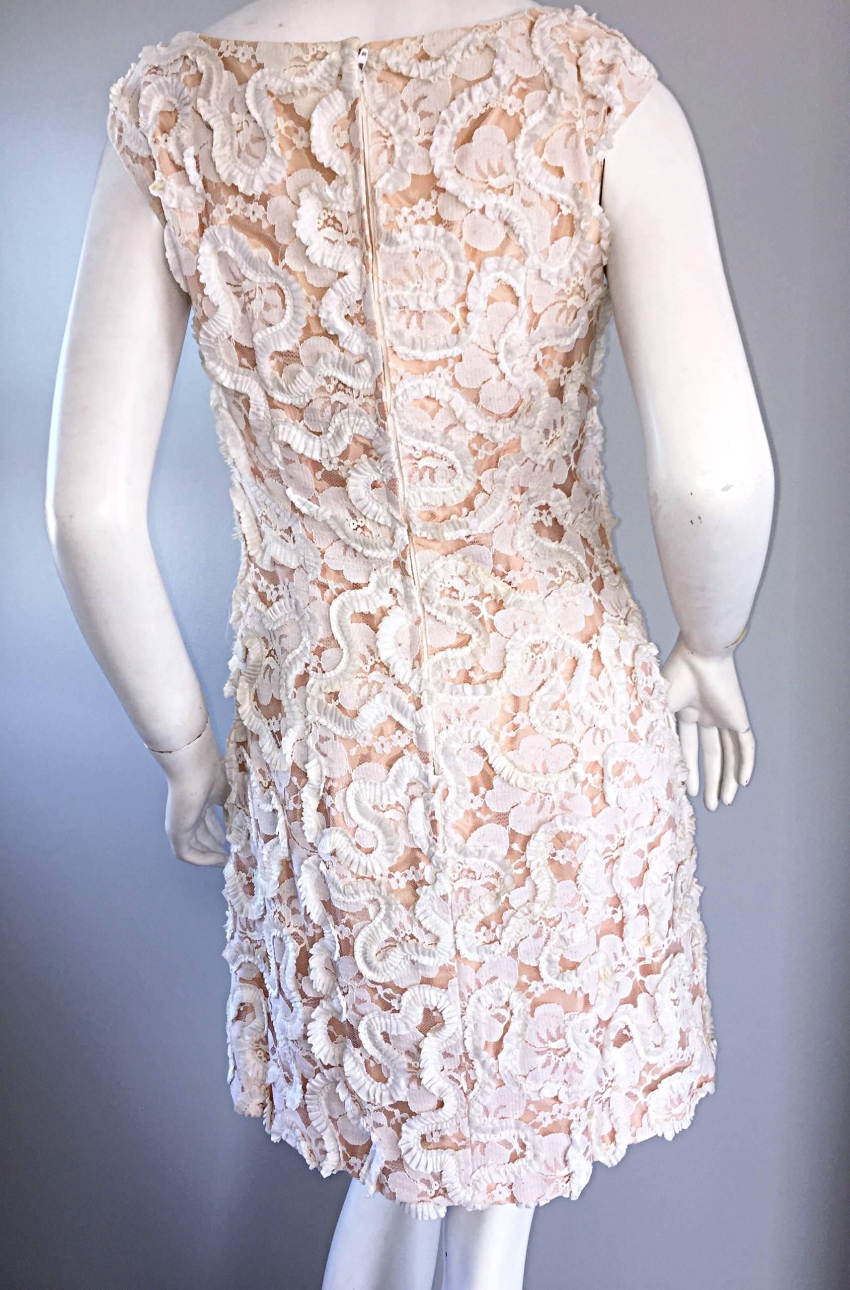 Women's Chic 1960s 60s Pink + Ivory Lace A - Line Dress, w/ Flower Corsage 