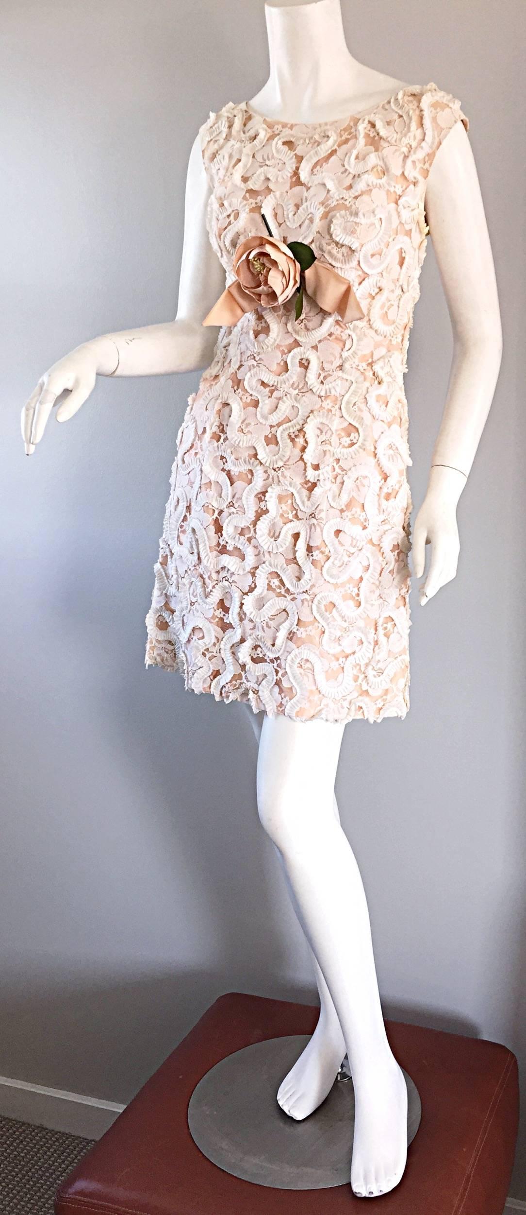 Beige Chic 1960s 60s Pink + Ivory Lace A - Line Dress, w/ Flower Corsage 