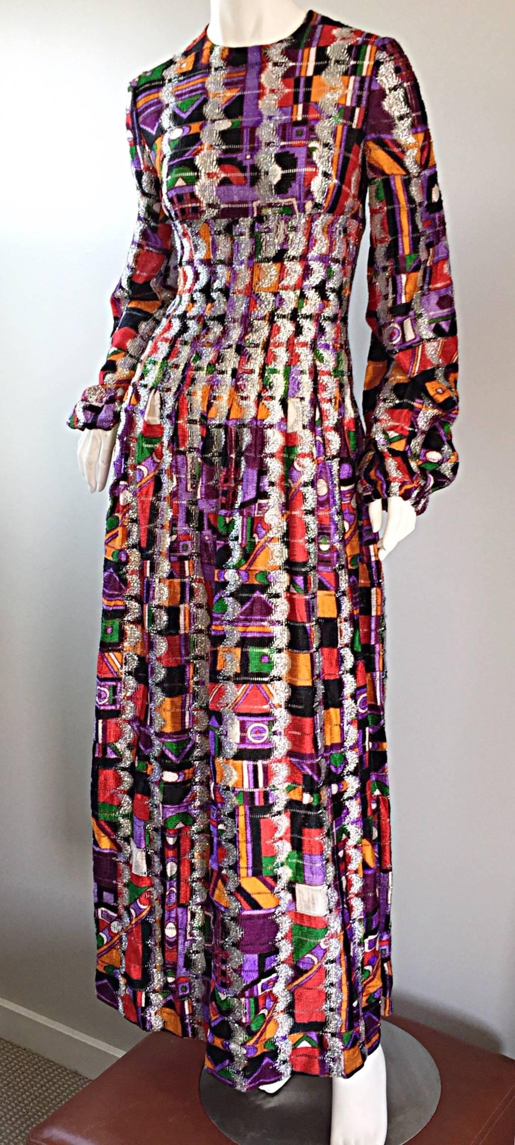 Amazing AND Rare vintage Pierre Cardin colorful Bohemian knit dress! Kaleidoscope open-weave print, with silver metallic silk threading throughout. Chic billow sleeves, with elastic cuffs. Quite possibly my favorite Cardin piece EVER! Can easily be