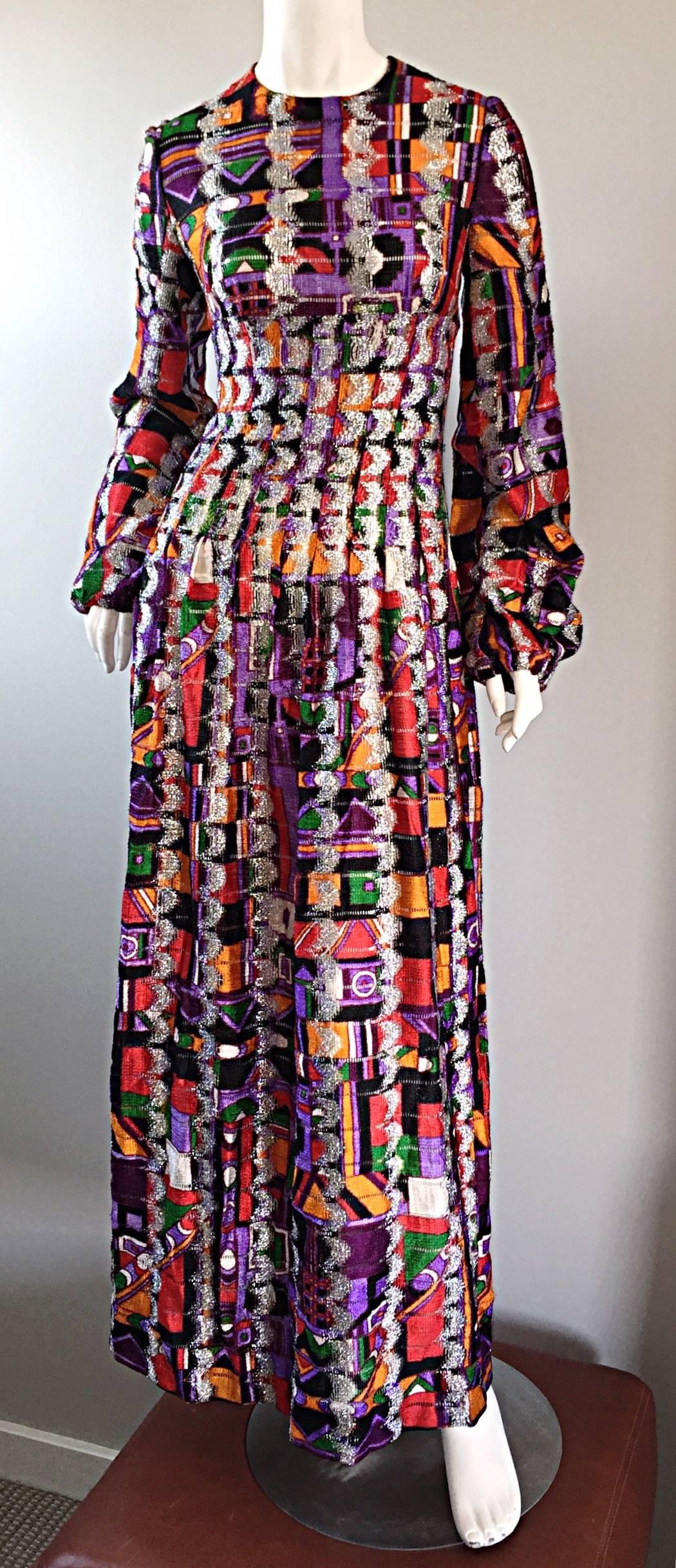 Rare Vintage Pierre Cardin Kaleidoscope Colorful Metallic Boho Dress Gown 2