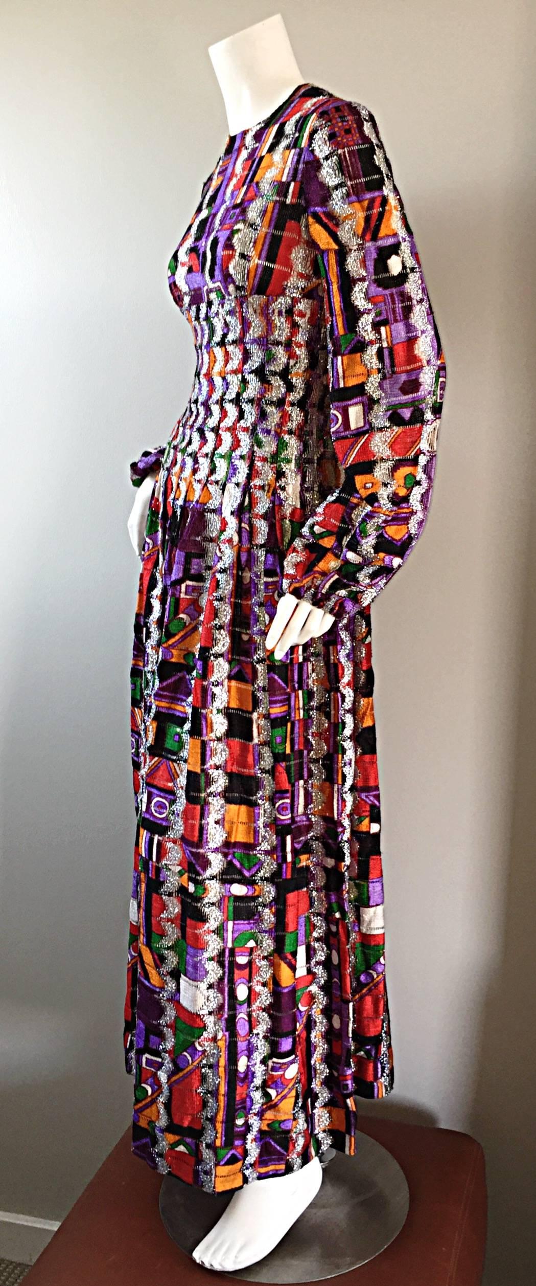 Rare Vintage Pierre Cardin Kaleidoscope Colorful Metallic Boho Dress Gown In Excellent Condition In San Diego, CA