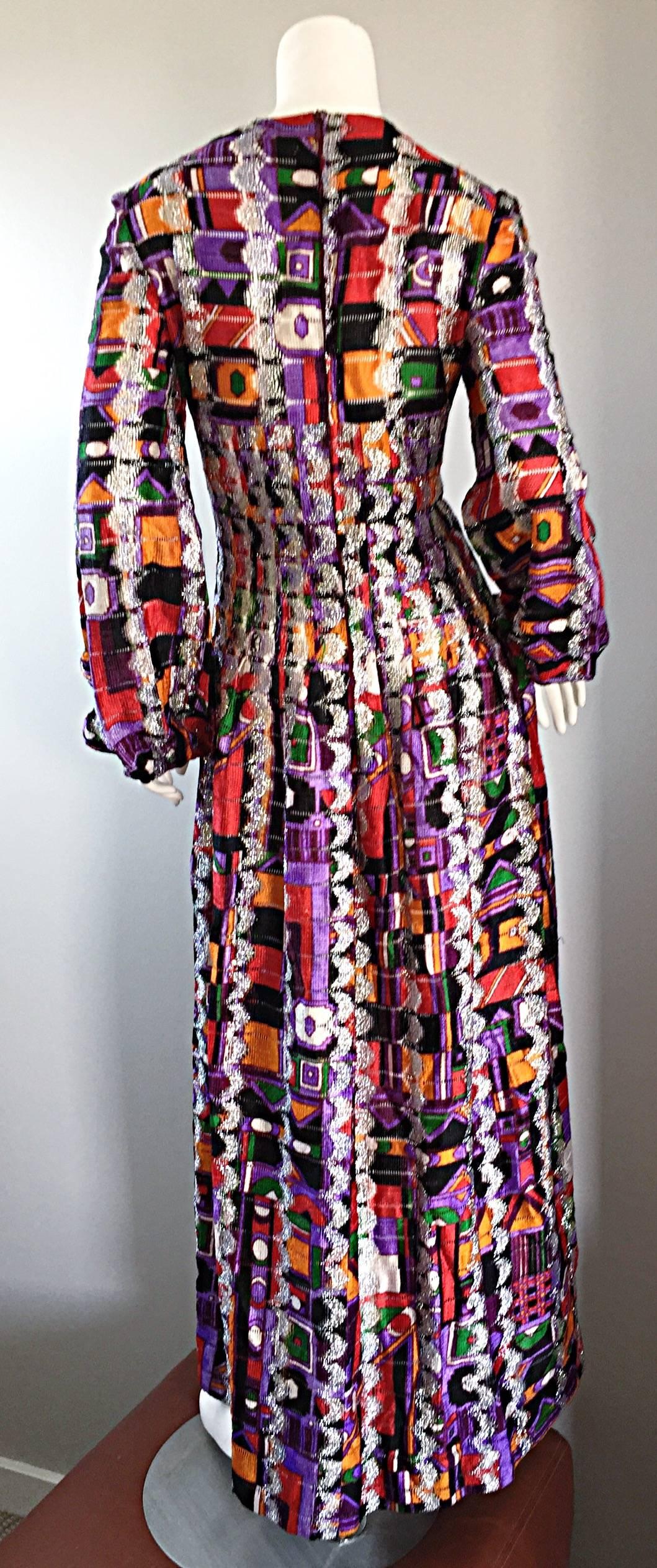 Rare Vintage Pierre Cardin Kaleidoscope Colorful Metallic Boho Dress Gown 1