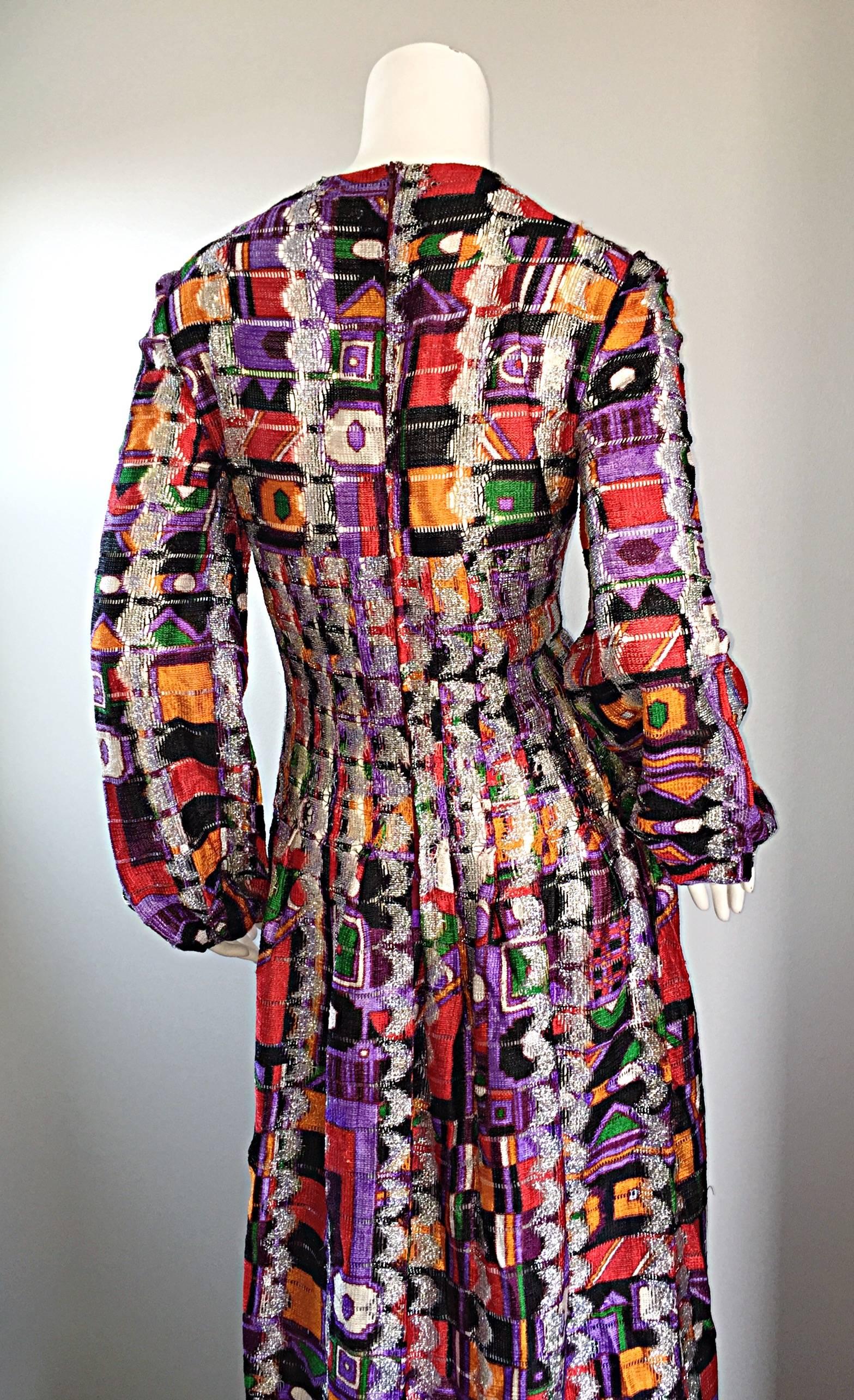 Rare Vintage Pierre Cardin Kaleidoscope Colorful Metallic Boho Dress Gown 3