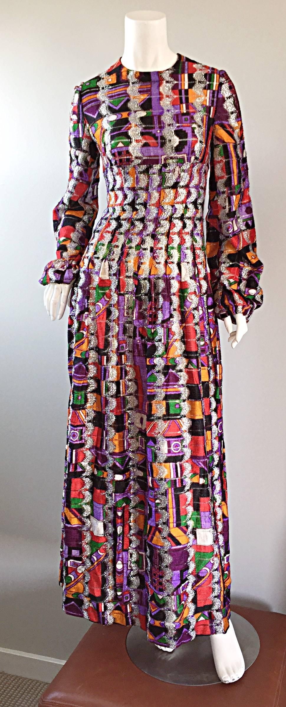 Black Rare Vintage Pierre Cardin Kaleidoscope Colorful Metallic Boho Dress Gown