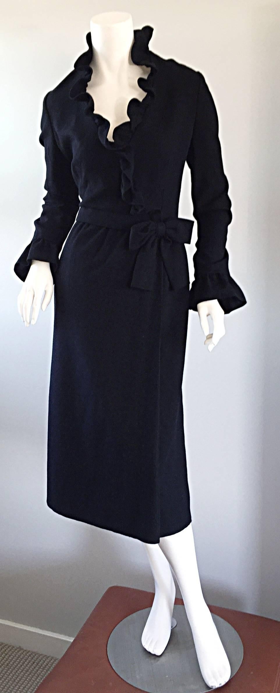 Chic Mollie Parnis 1960s 60s Vintage Black Wool Wrap Dress w/ Ruffles + Bow Belt In Excellent Condition In San Diego, CA