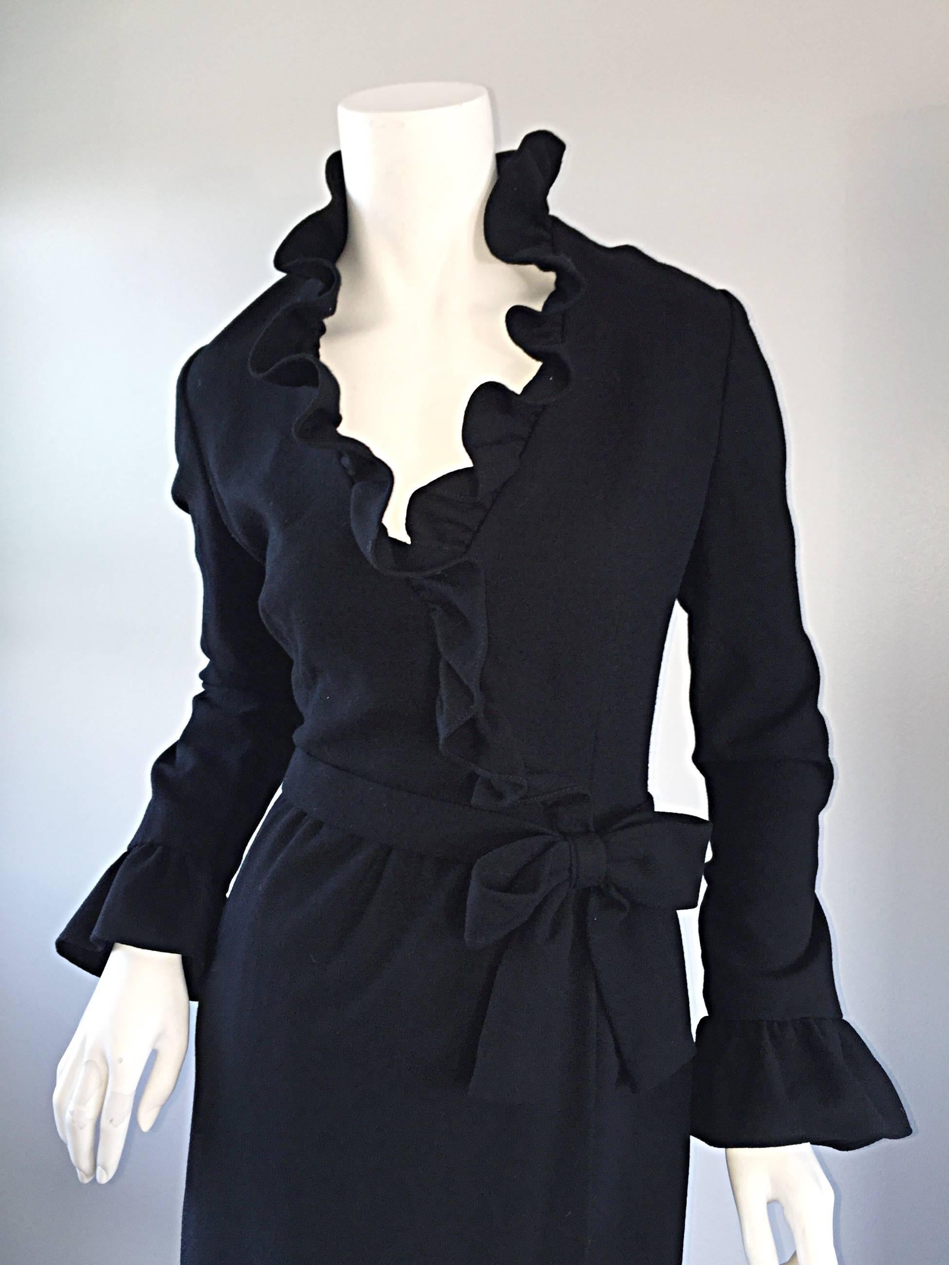 Chic Mollie Parnis 1960s 60s Vintage Black Wool Wrap Dress w/ Ruffles + Bow Belt 4