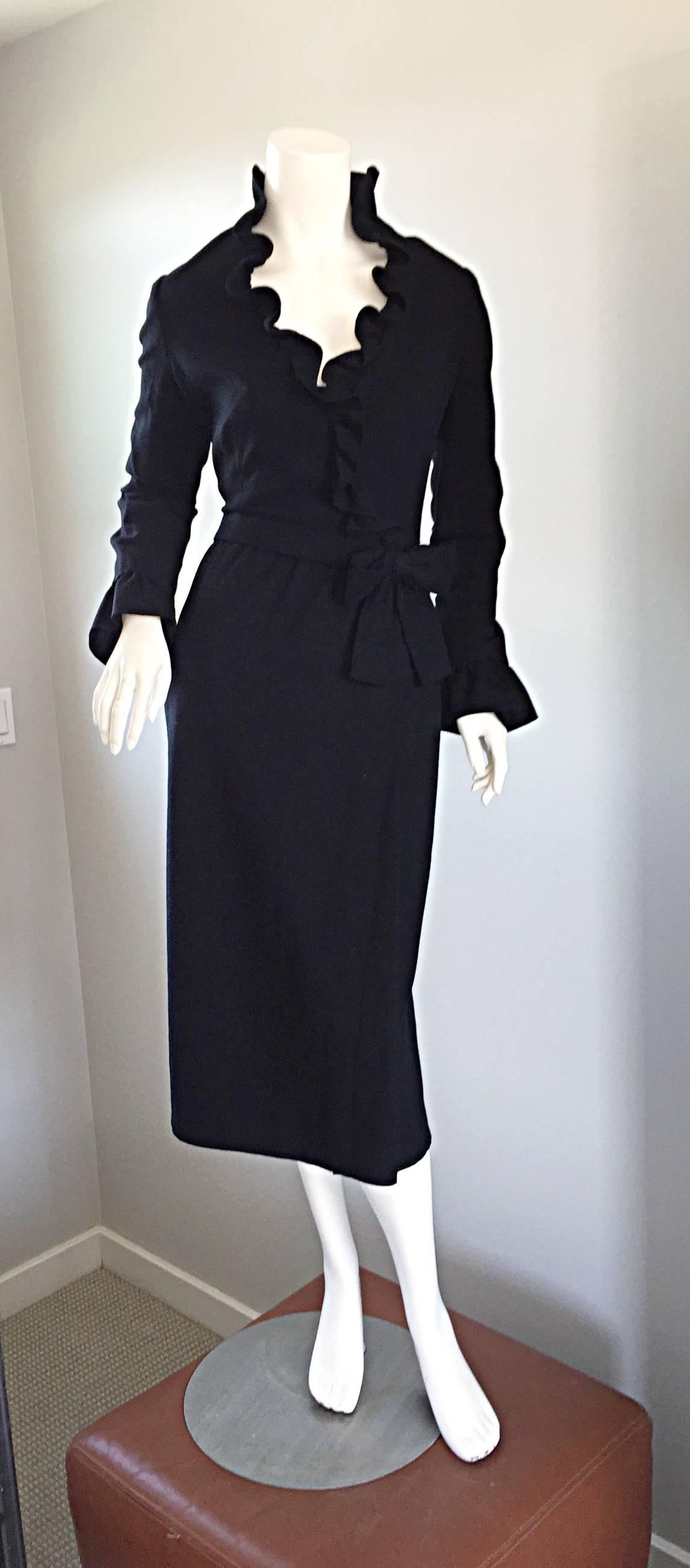 Chic Mollie Parnis 1960s 60s Vintage Black Wool Wrap Dress w/ Ruffles + Bow Belt 1