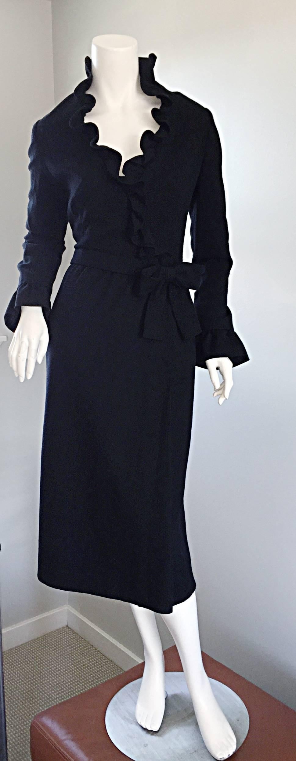 Women's Chic Mollie Parnis 1960s 60s Vintage Black Wool Wrap Dress w/ Ruffles + Bow Belt