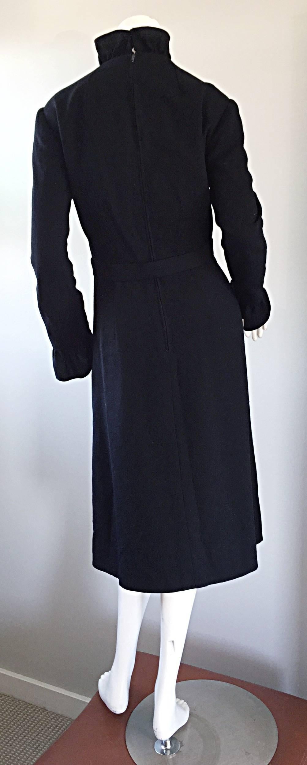 Chic Mollie Parnis 1960s 60s Vintage Black Wool Wrap Dress w/ Ruffles + Bow Belt 2