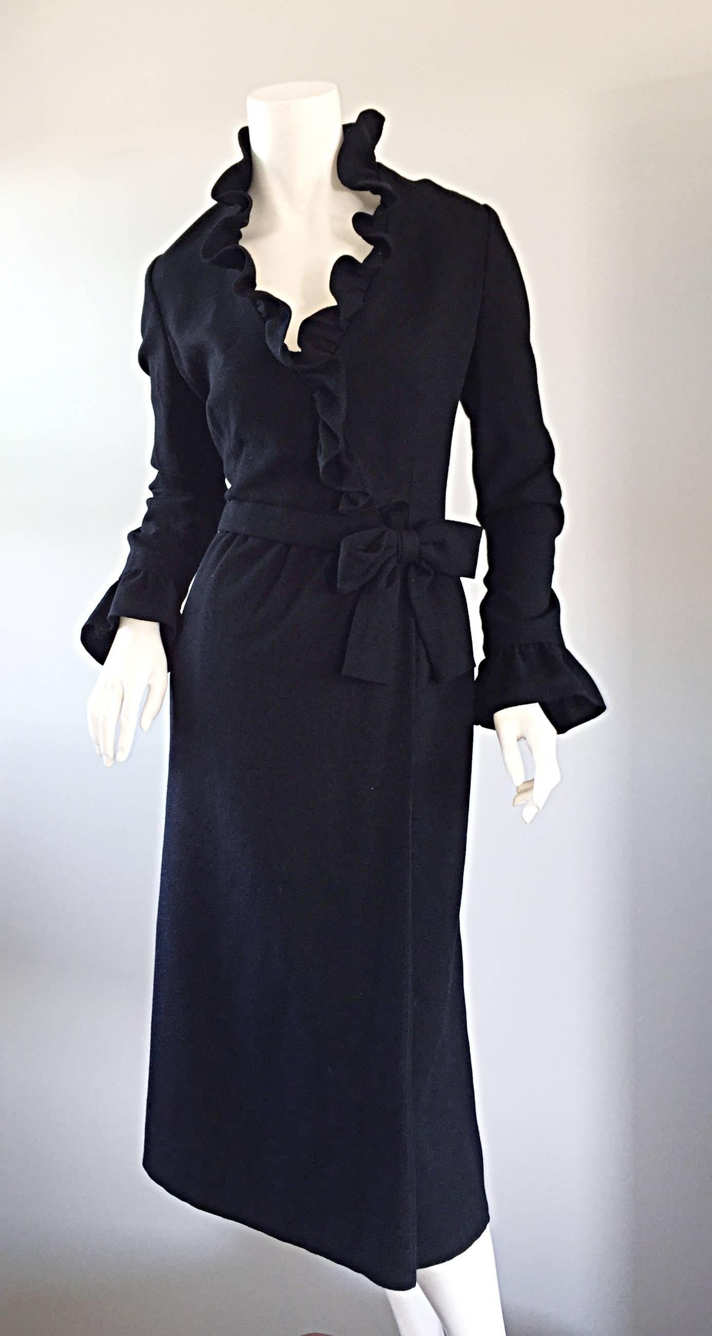 Chic Mollie Parnis 1960s 60s Vintage Black Wool Wrap Dress w/ Ruffles + Bow Belt 3