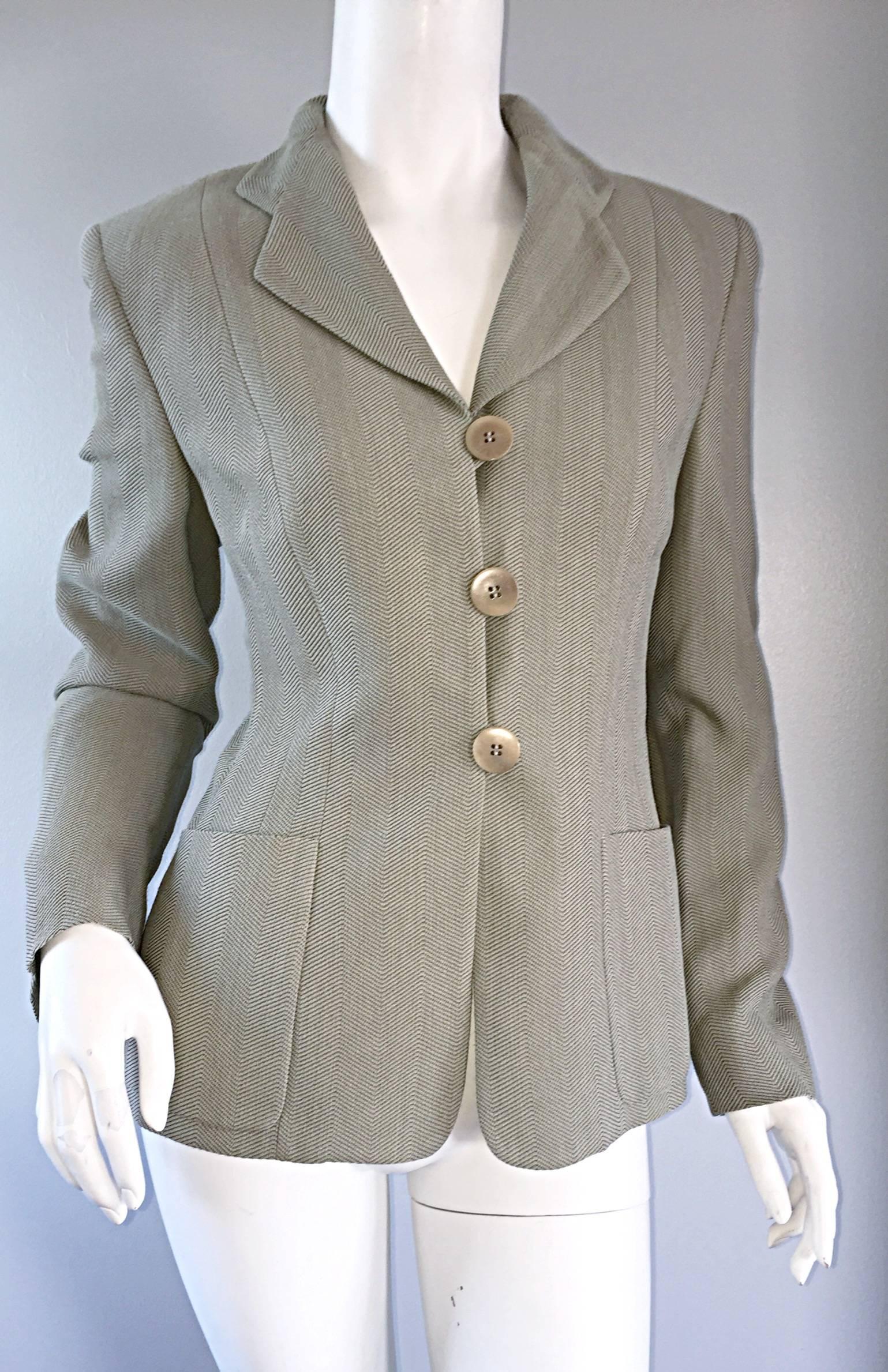 Gray Giorgio Armani 1990s 90s Vintage Khaki / Light Green Herringbone Blazer Jacket For Sale