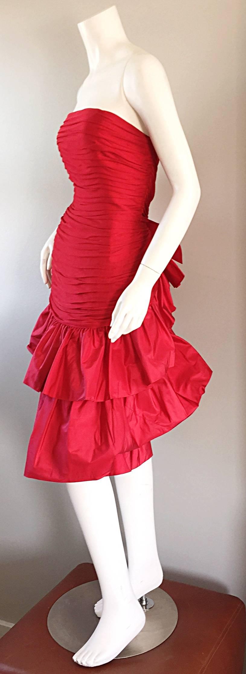 Amazing 80s JILL RICHARDS, for SAKs Fifth Avenue, red silk + taffeta dress!!! Avant Garde feel, with tiered skirt, and bow in the back. Tulle layers over the silk bodice. Pouf skirt, with a bit of a drop waist. Couture quality, with hand finished