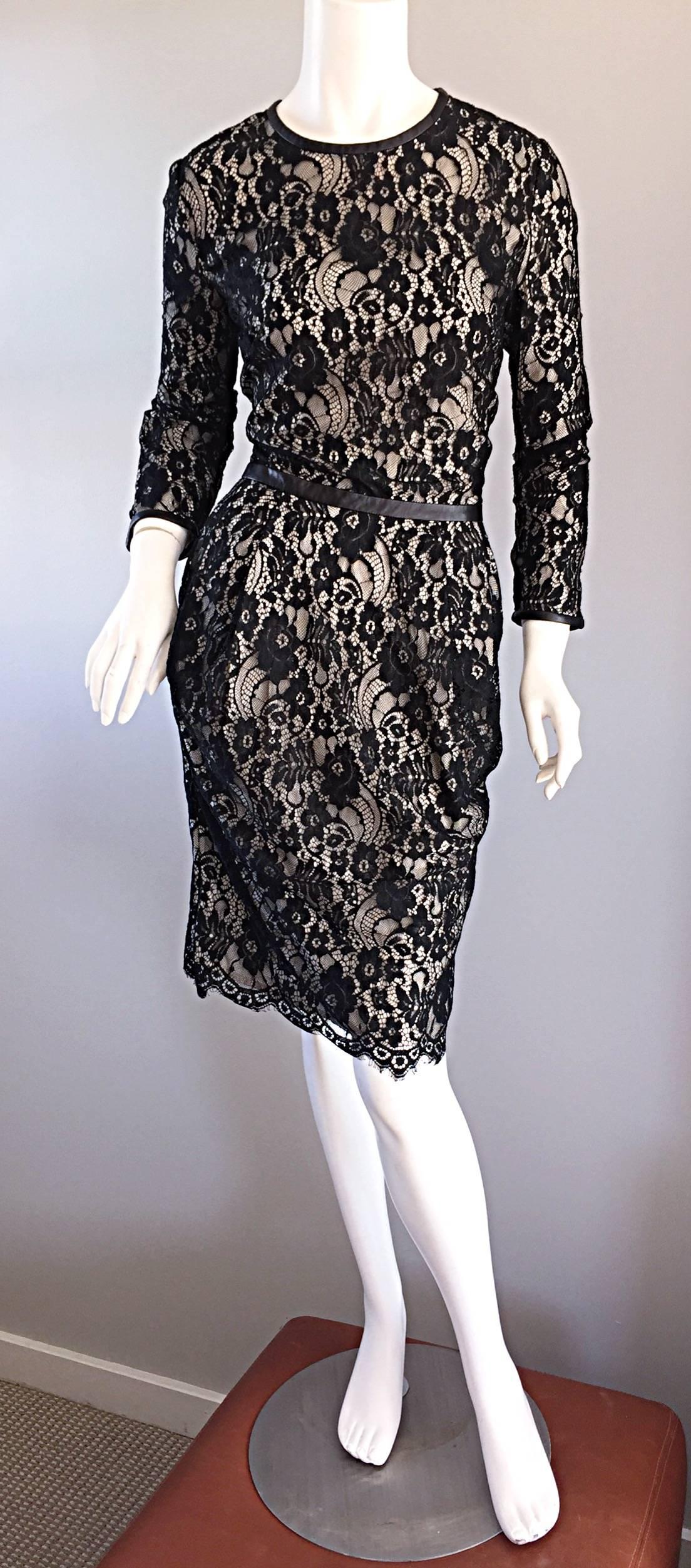 Narcisco Rodriguez Black + Nude French Lace Dress w/ Leather Accents  In Excellent Condition For Sale In San Diego, CA