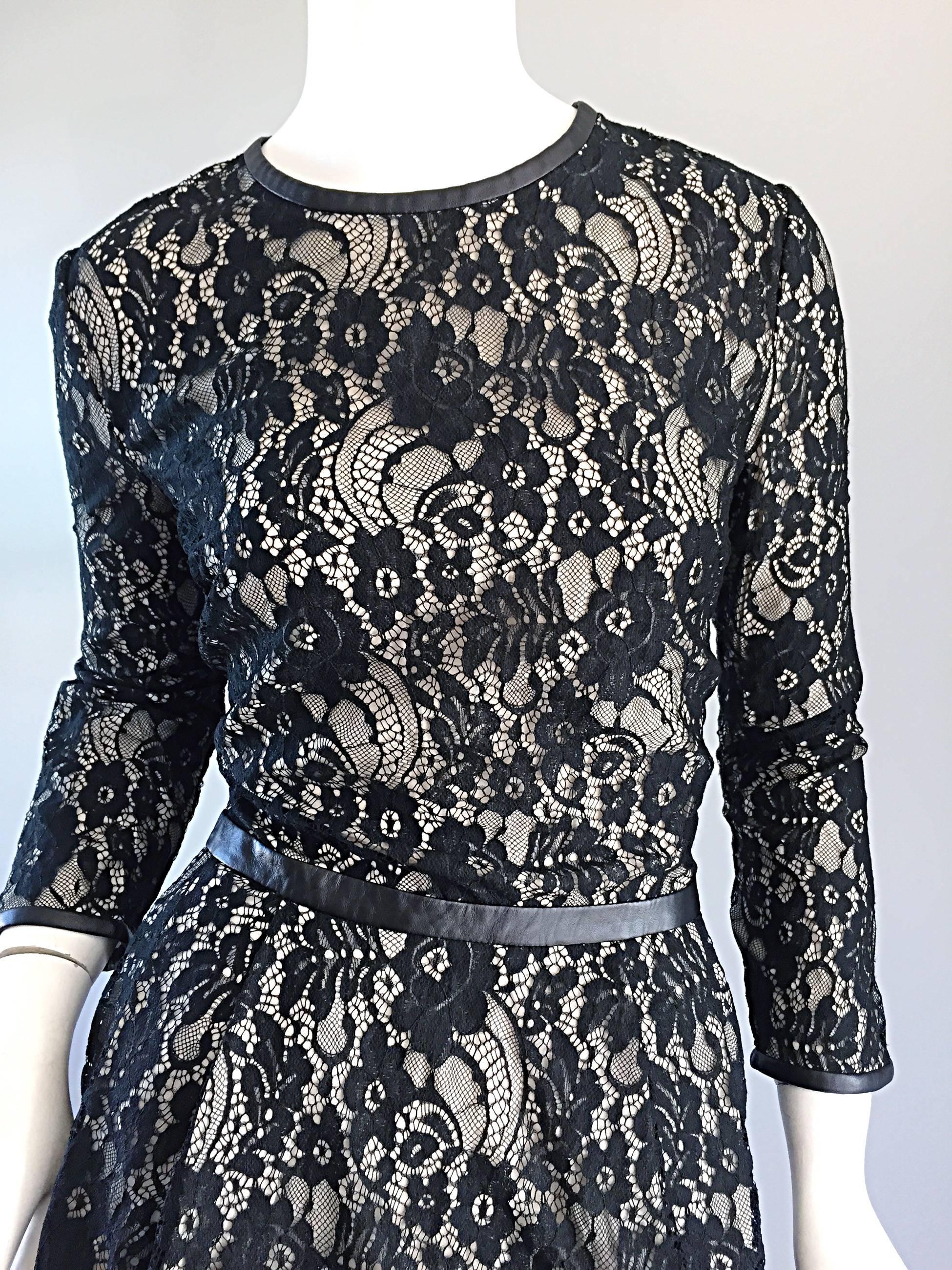Women's Narcisco Rodriguez Black + Nude French Lace Dress w/ Leather Accents  For Sale