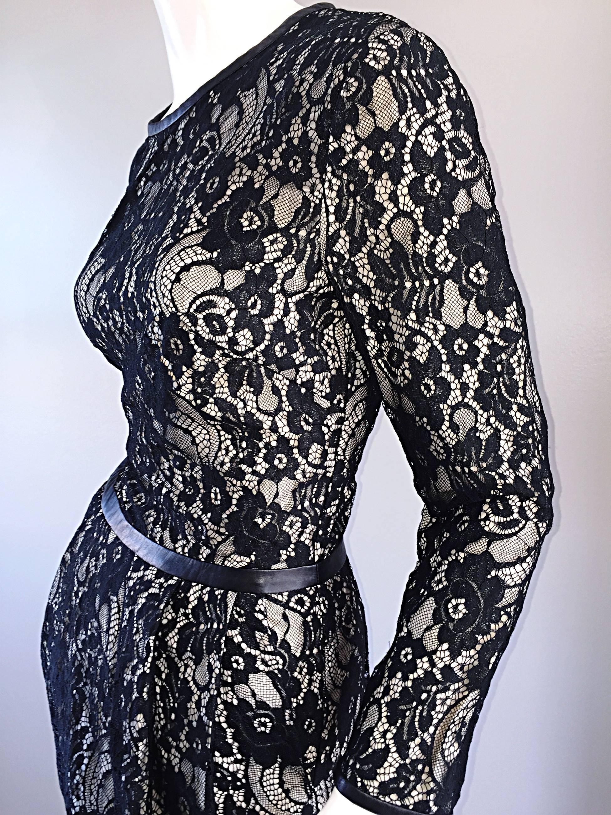 Narcisco Rodriguez Vestido de Encaje Francés Negro + Nude con Detalles de Cuero en venta 4