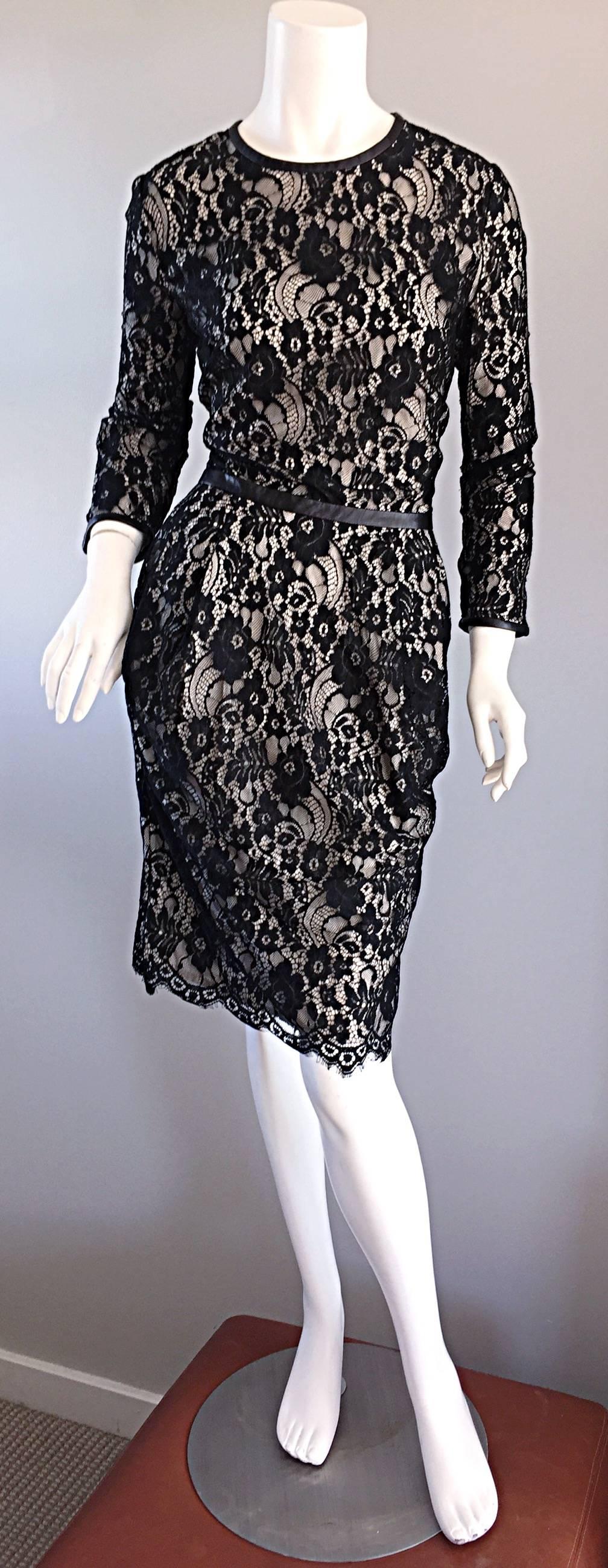 Narcisco Rodriguez Vestido de Encaje Francés Negro + Nude con Detalles de Cuero en Excelente estado para la venta en San Diego, CA
