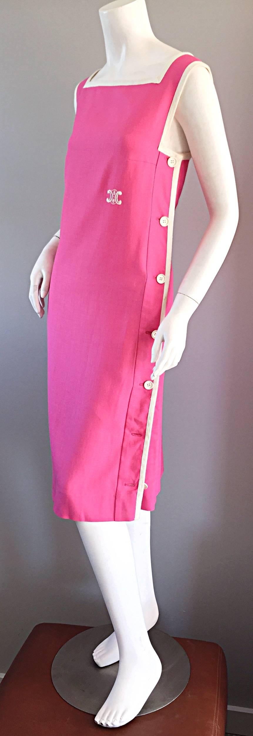 1960s Celine Bubble Gum Pink + White Vintage 60s Shift Dress Rosa en venta