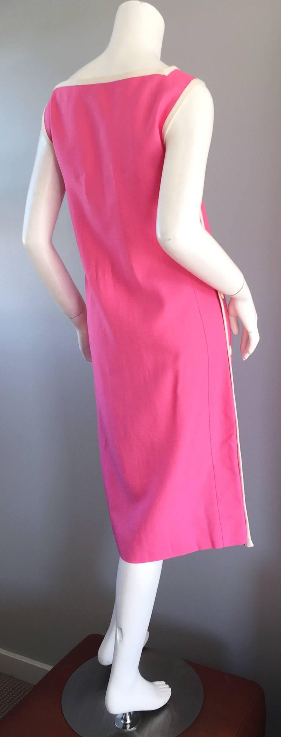 Women's 1960s Celine Bubble Gum Pink + White Vintage 60s Shift Dress For Sale