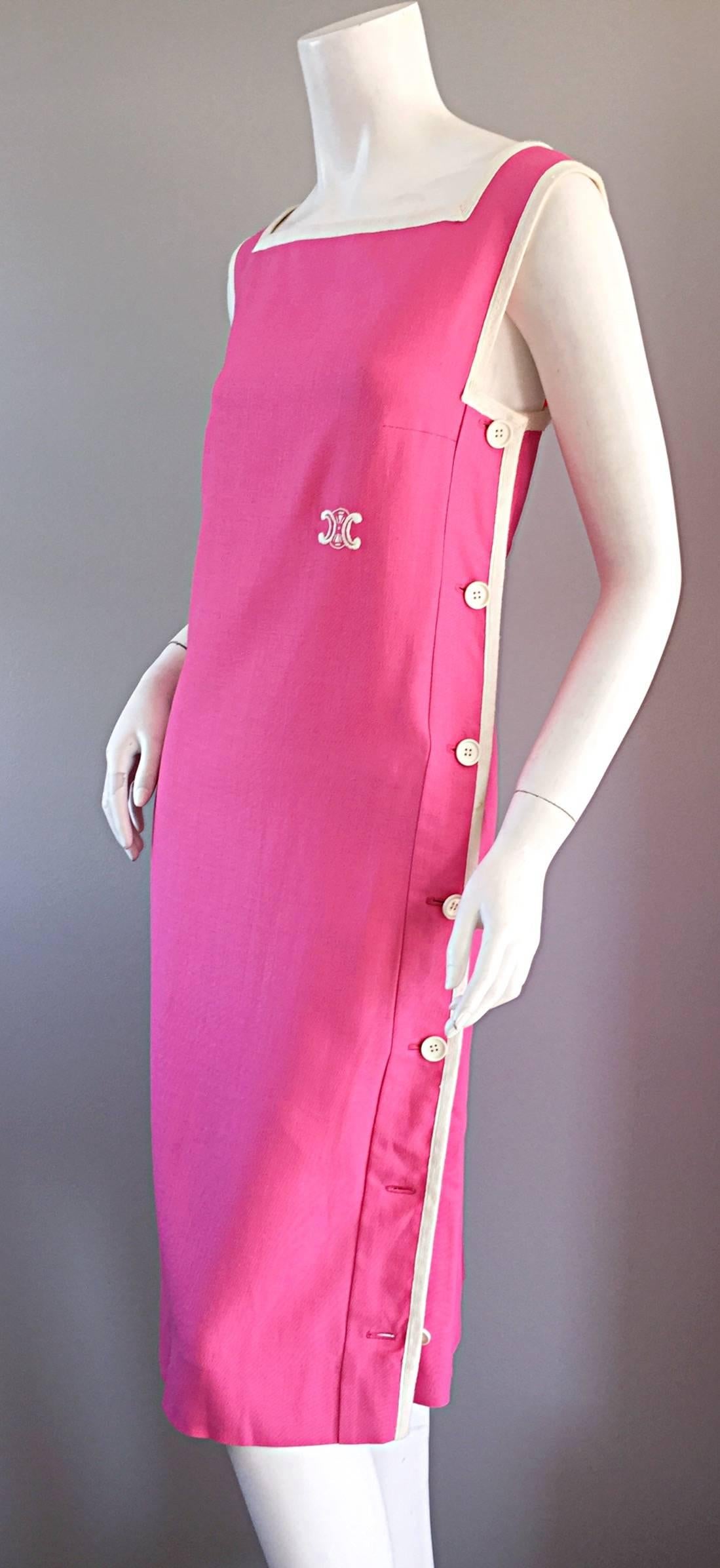 De las mujeres 1960s Celine Bubble Gum Pink + White Vintage 60s Shift Dress en venta