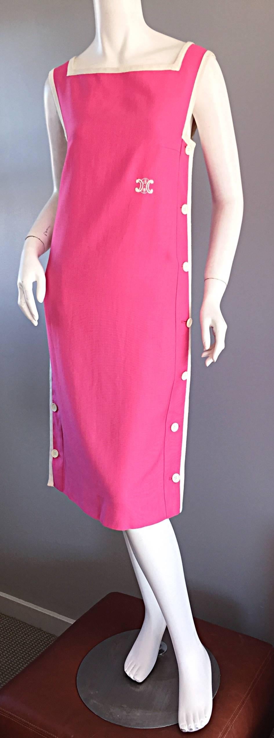 1960s Celine Bubble Gum Pink + White Vintage 60s Shift Dress In Excellent Condition For Sale In San Diego, CA