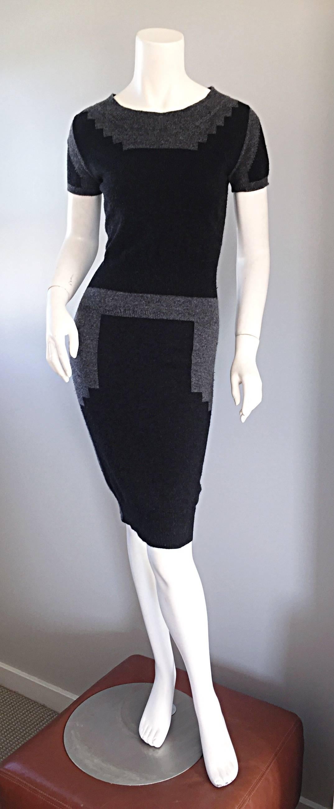 Tom Ford For Yves Saint Laurent Cashmere Dress w/ Gray Geometric Color Blocks 1