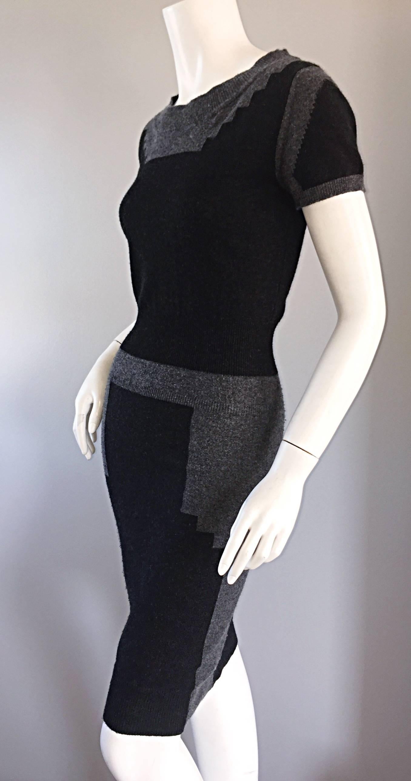 Tom Ford For Yves Saint Laurent Cashmere Dress w/ Gray Geometric Color Blocks 2
