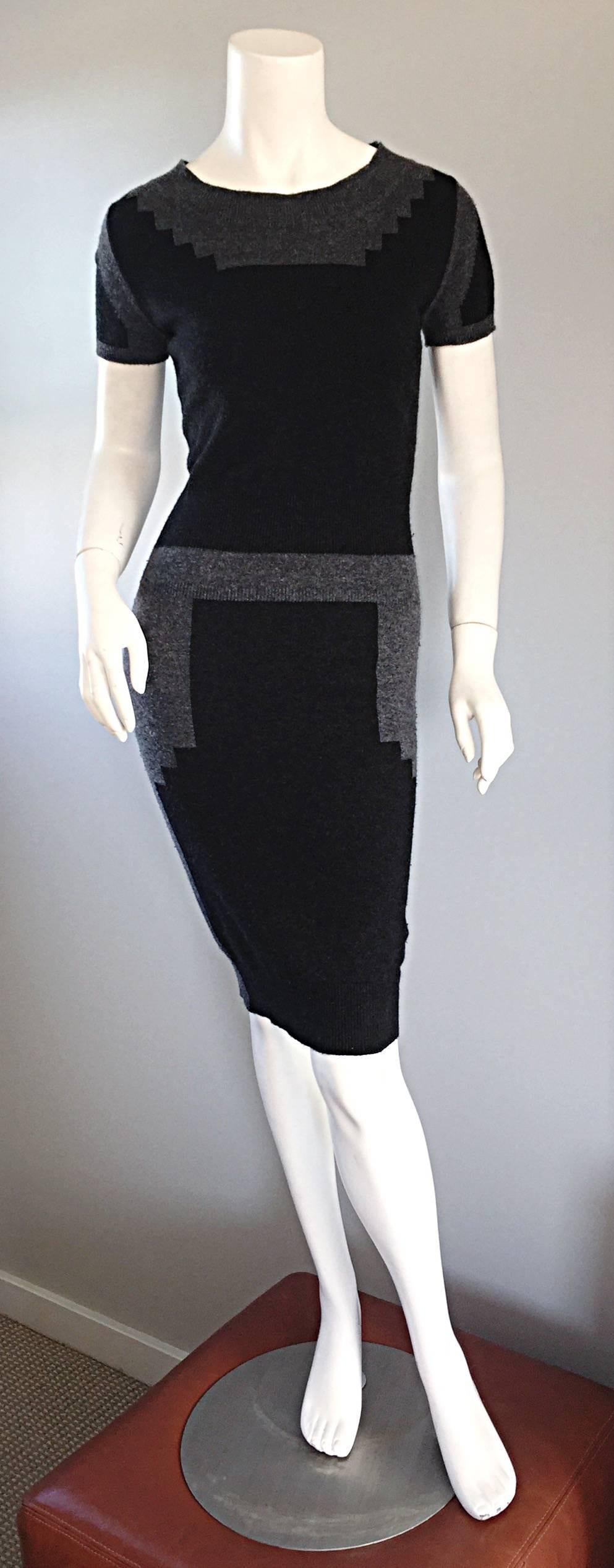 Women's Tom Ford For Yves Saint Laurent Cashmere Dress w/ Gray Geometric Color Blocks
