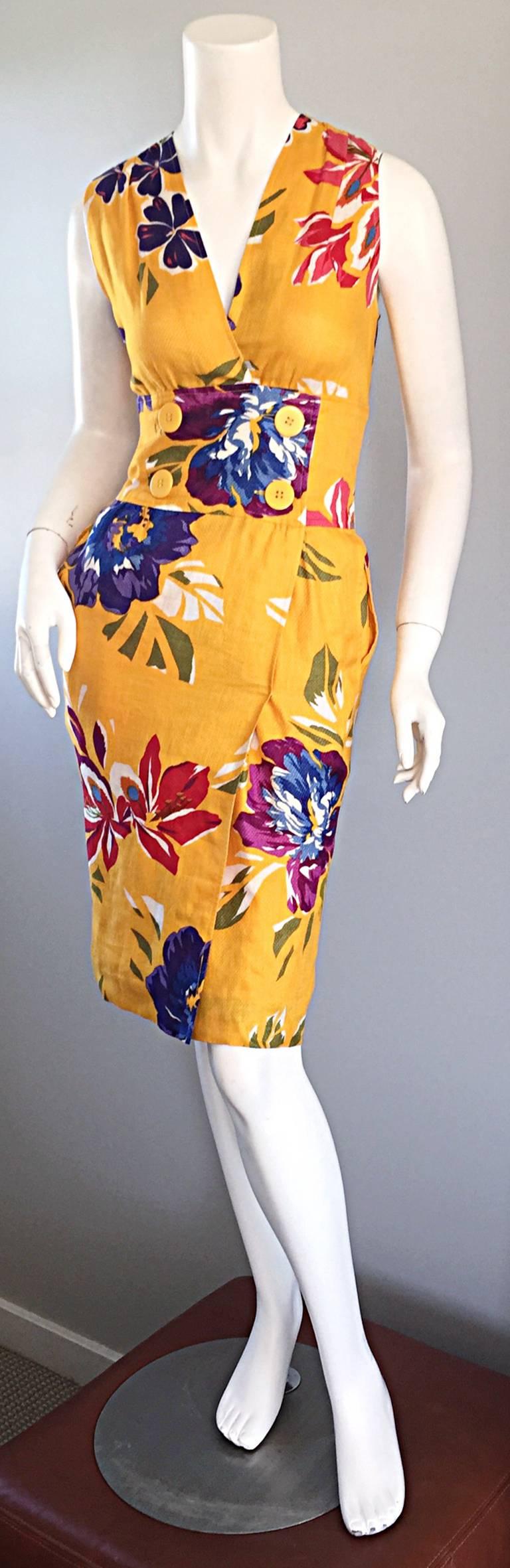 Chic Vintage Albert Nipon Tropical Hawaiian Floral Line Wrap Dress  1