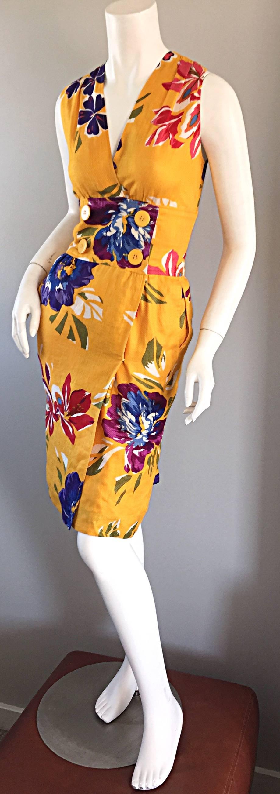 Orange Chic Vintage Albert Nipon Tropical Hawaiian Floral Line Wrap Dress 