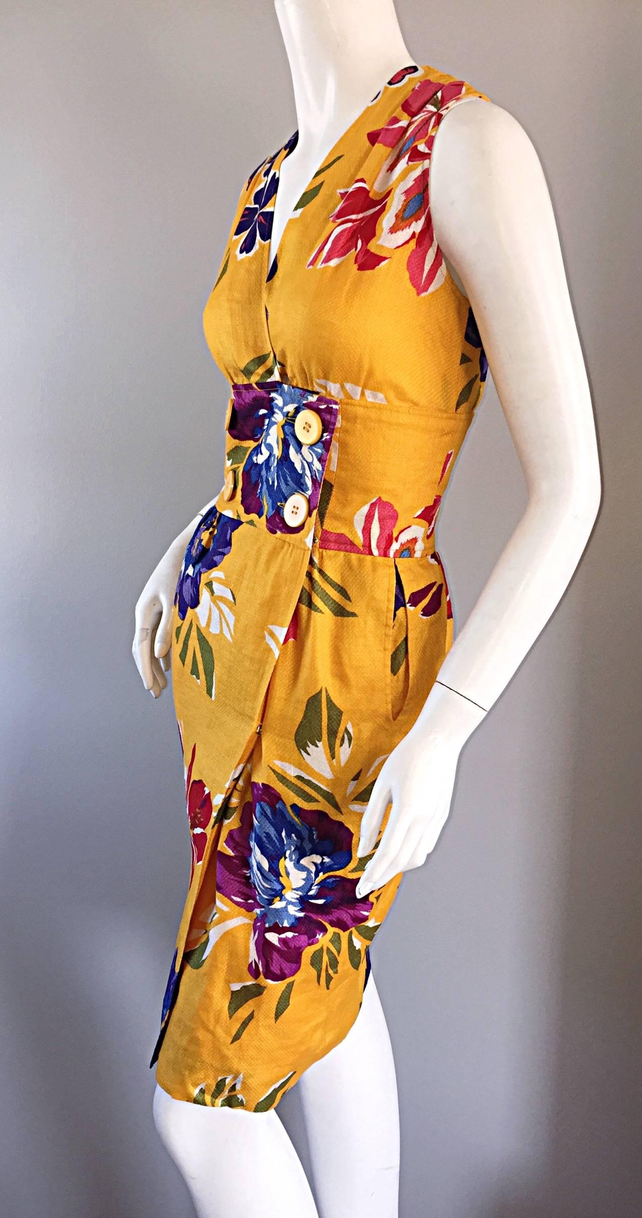 Chic Vintage Albert Nipon Tropical Hawaiian Floral Line Wrap Dress  In Excellent Condition In San Diego, CA