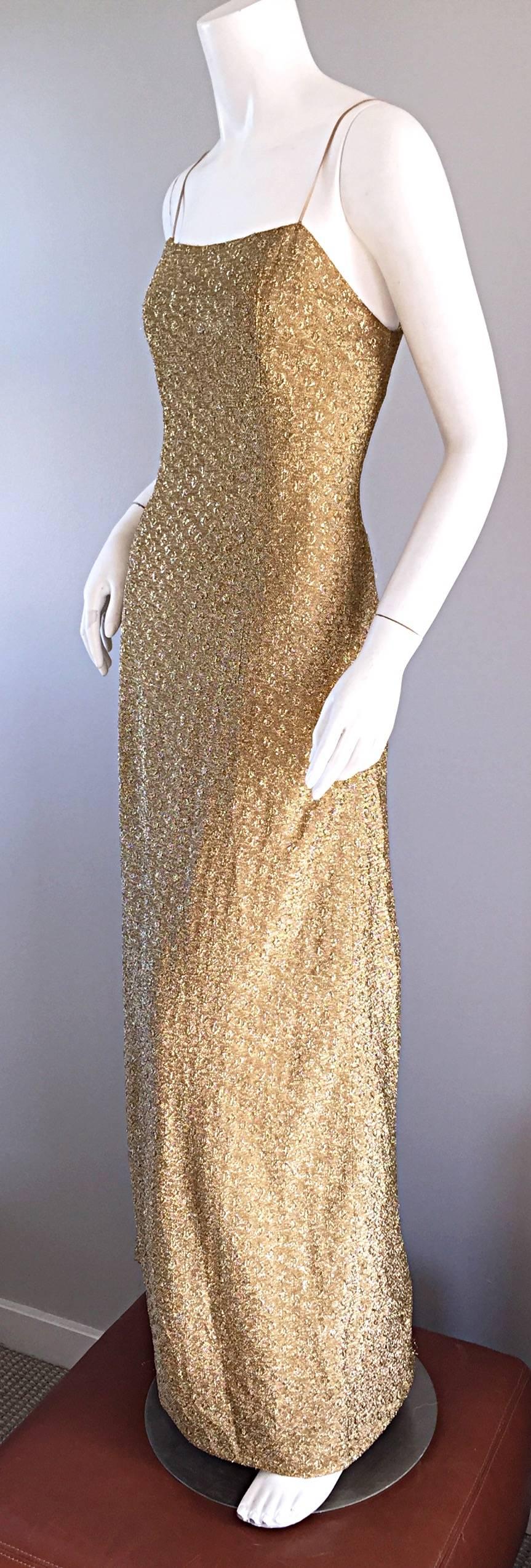 Absolutely amazing vintage GALANOS gold metallic 1970s dress!!! This gown is everything! Intricate gold silk metallic, hand-sewn. Impeccable construction, from a master designer! Full hidden metal zipper down the back. Fully lined. Also, has the