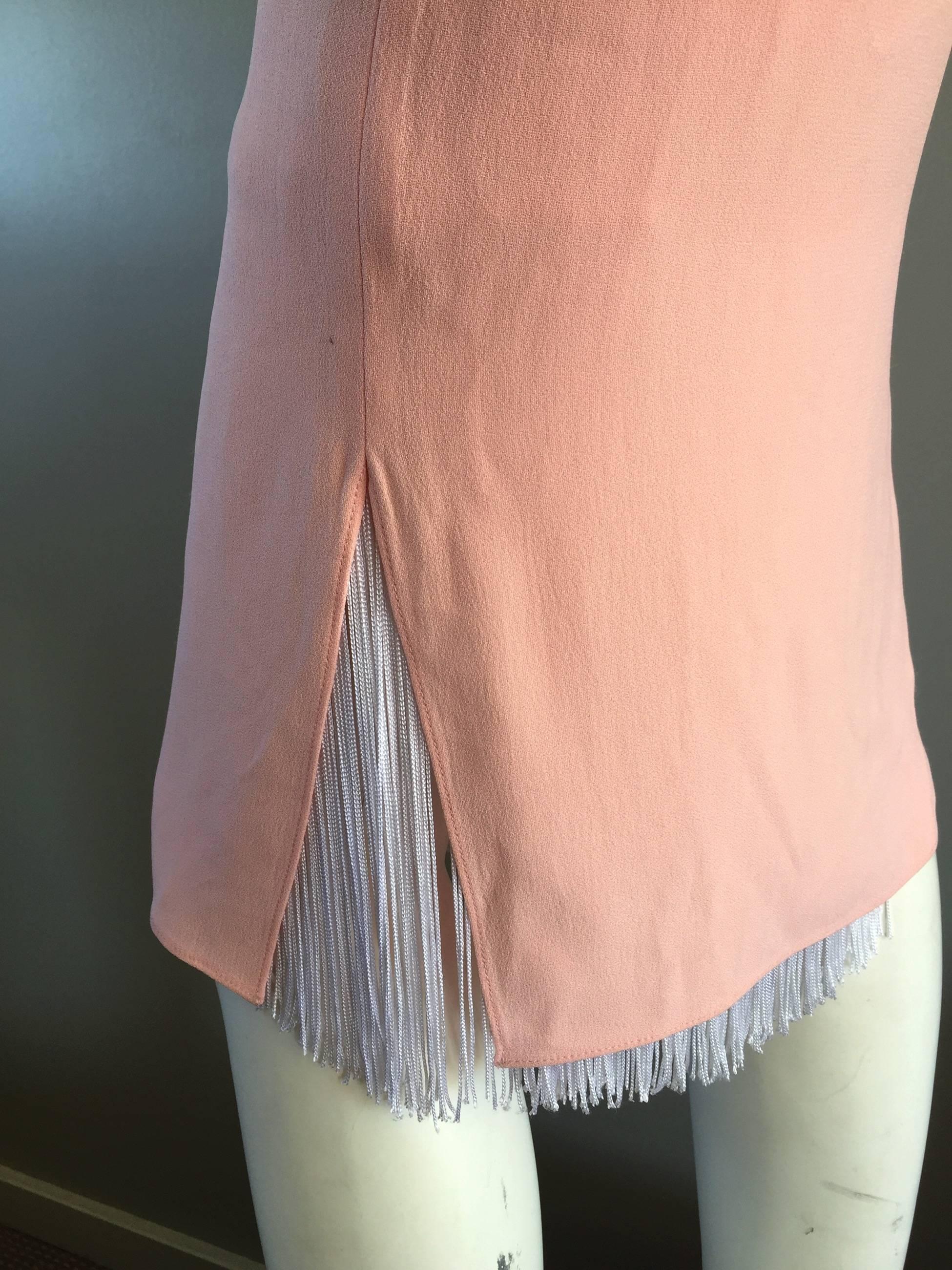 Adam Lippes Light Pink + White Dress w/ White Fringed Back & Slits In New Condition For Sale In San Diego, CA