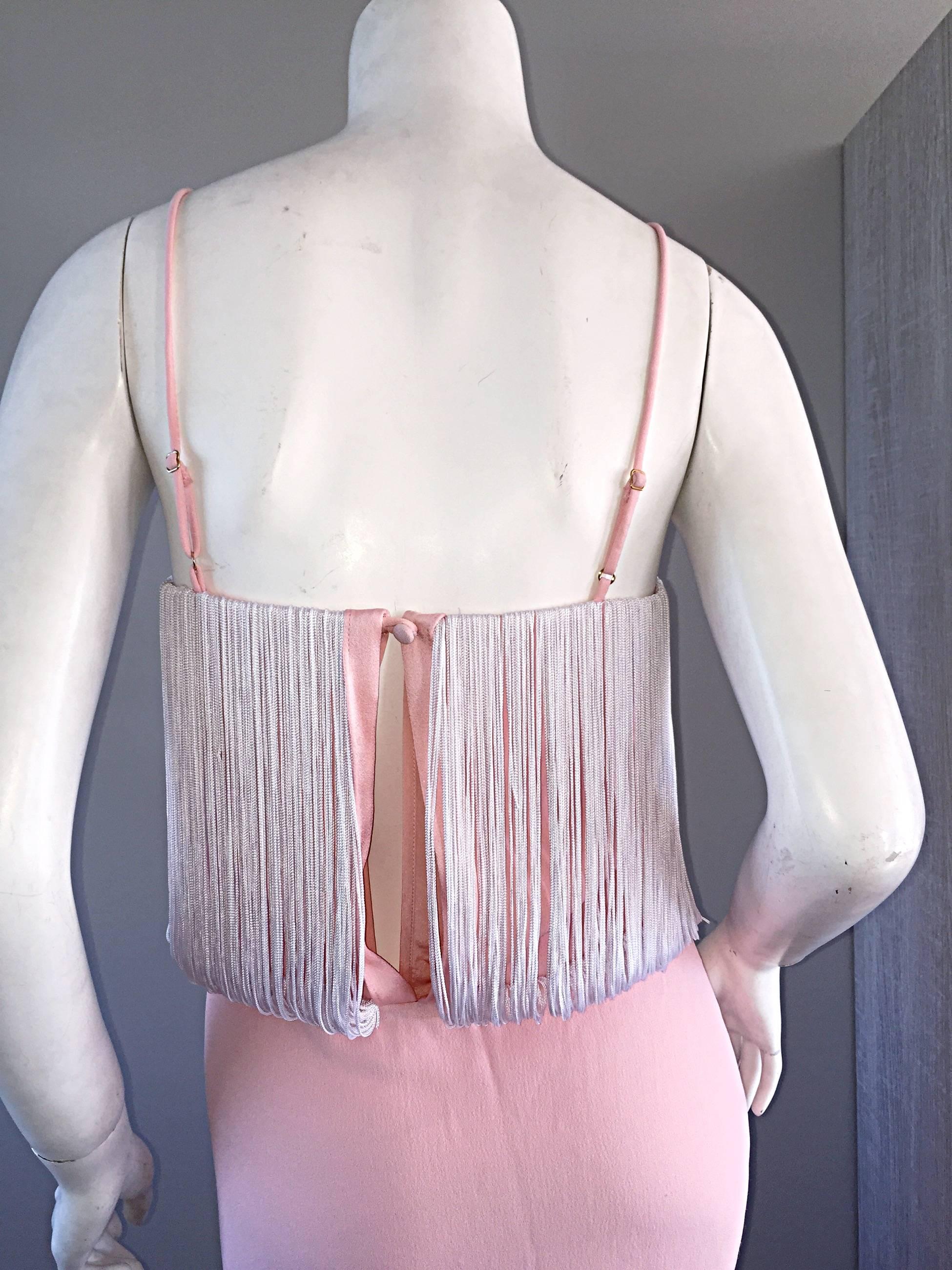 Beige Adam Lippes Light Pink + White Dress w/ White Fringed Back & Slits For Sale