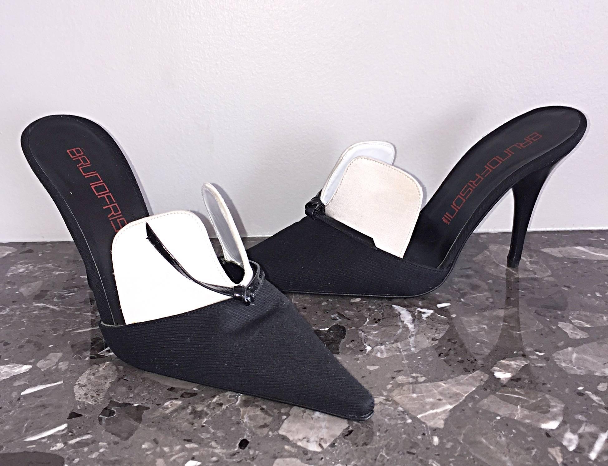 Spectacular brand new Bruno Frisoni black and white 'tuxedo' style heels! Frisoni, currently the chief designer for Roger Vivier, began his fashion career in 1980, at Jean-Louis Schrerrer. Following, he collaborated with Trussardi, Givenchy, and
