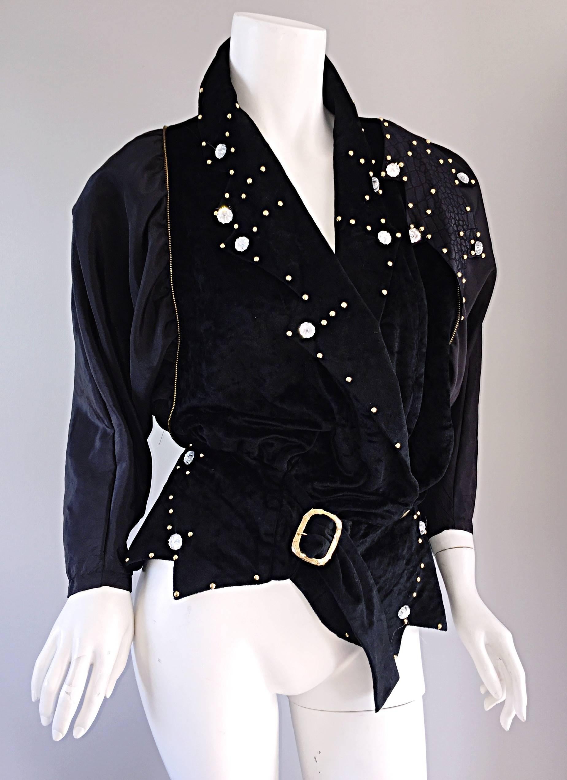 Amazing Vintage Eccetera Made In Italy Avant Garde Black Belted Blouse Or Jacket In Excellent Condition In San Diego, CA