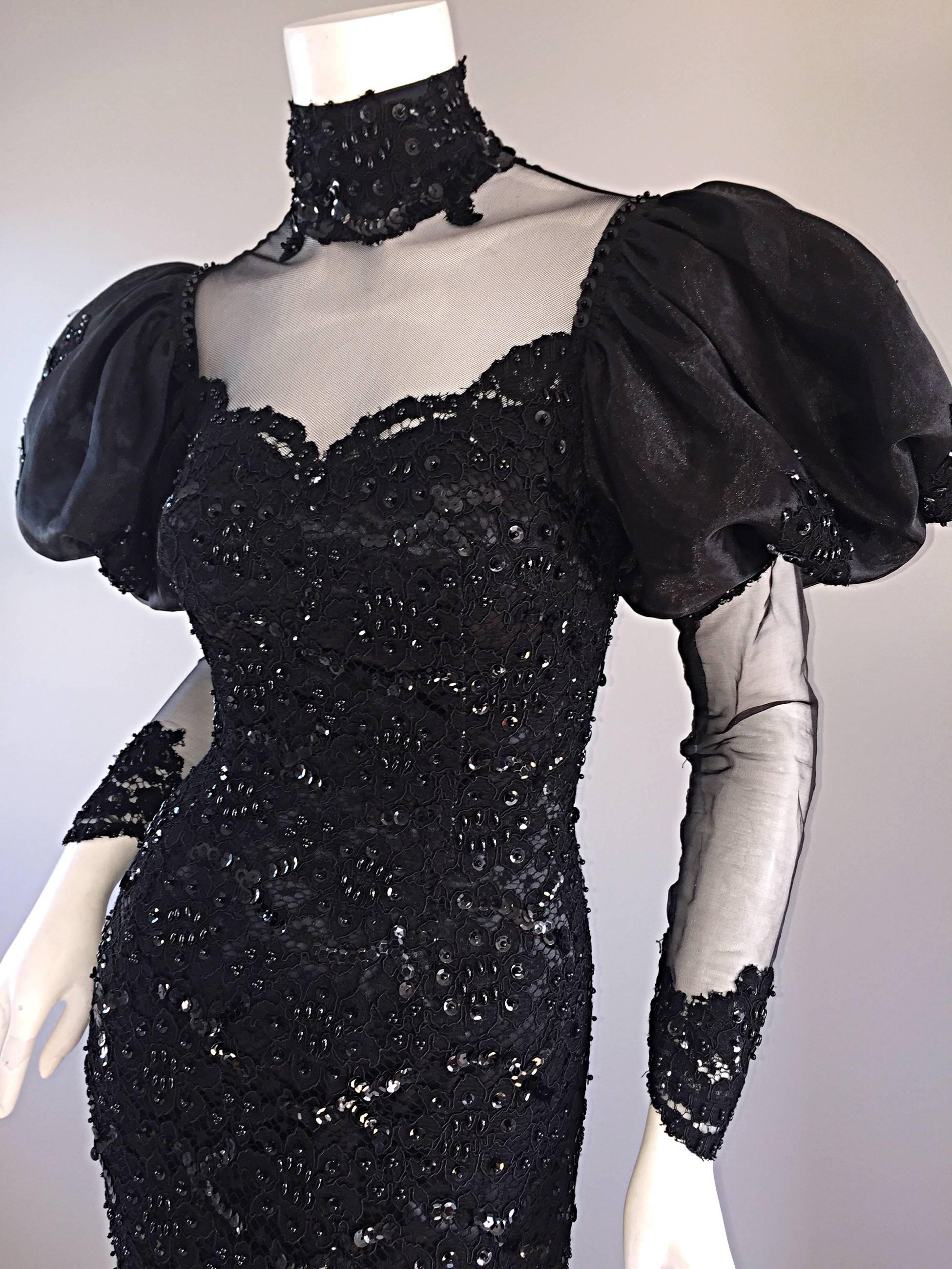 Amazing 1980s Alfred Bosand Couture Black Silk Lace Beaded Mermaid Dress / Gown  1