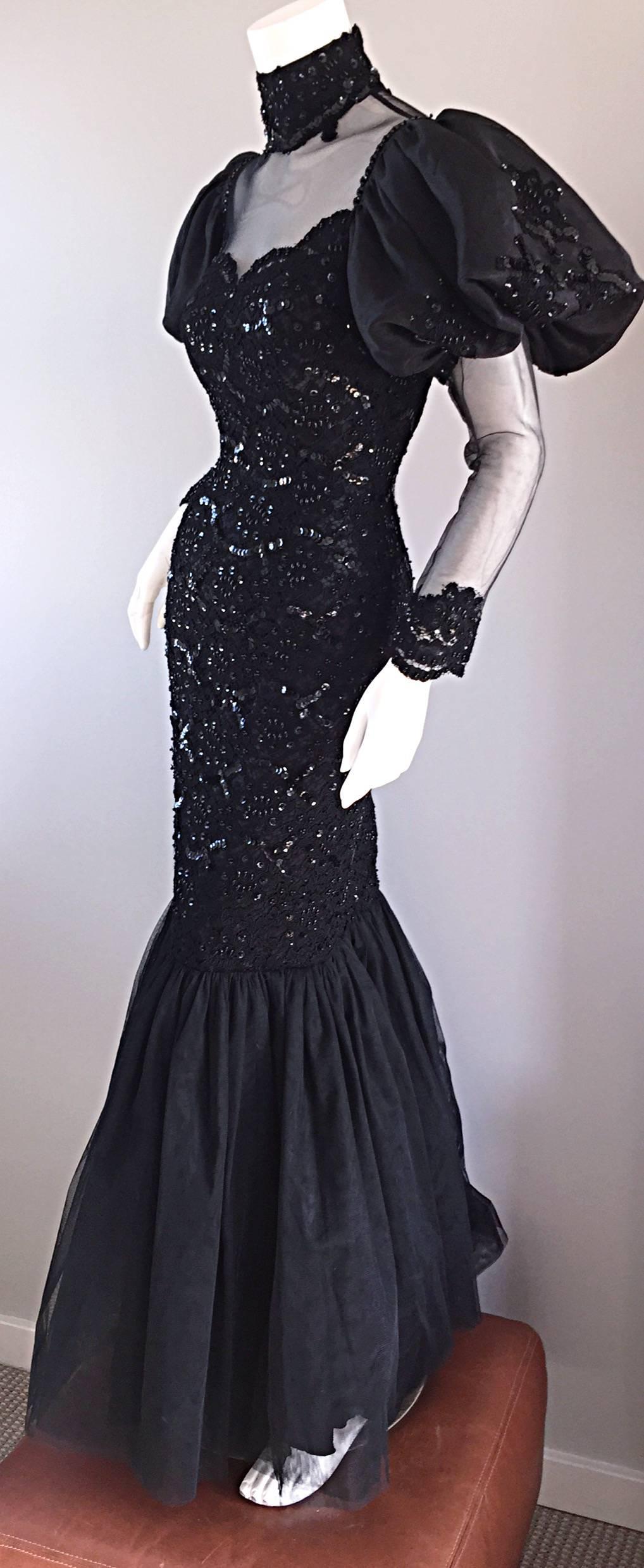 Simply amazing ALFRED BOSAND black 1980s dress! Mermaid style, with intricate beading throughout the bodice, at neck, shoulders, and sleeve cuffs! Lace body, with thousands of sequins and beads throughout. Rare, and beautiful dress, with demi